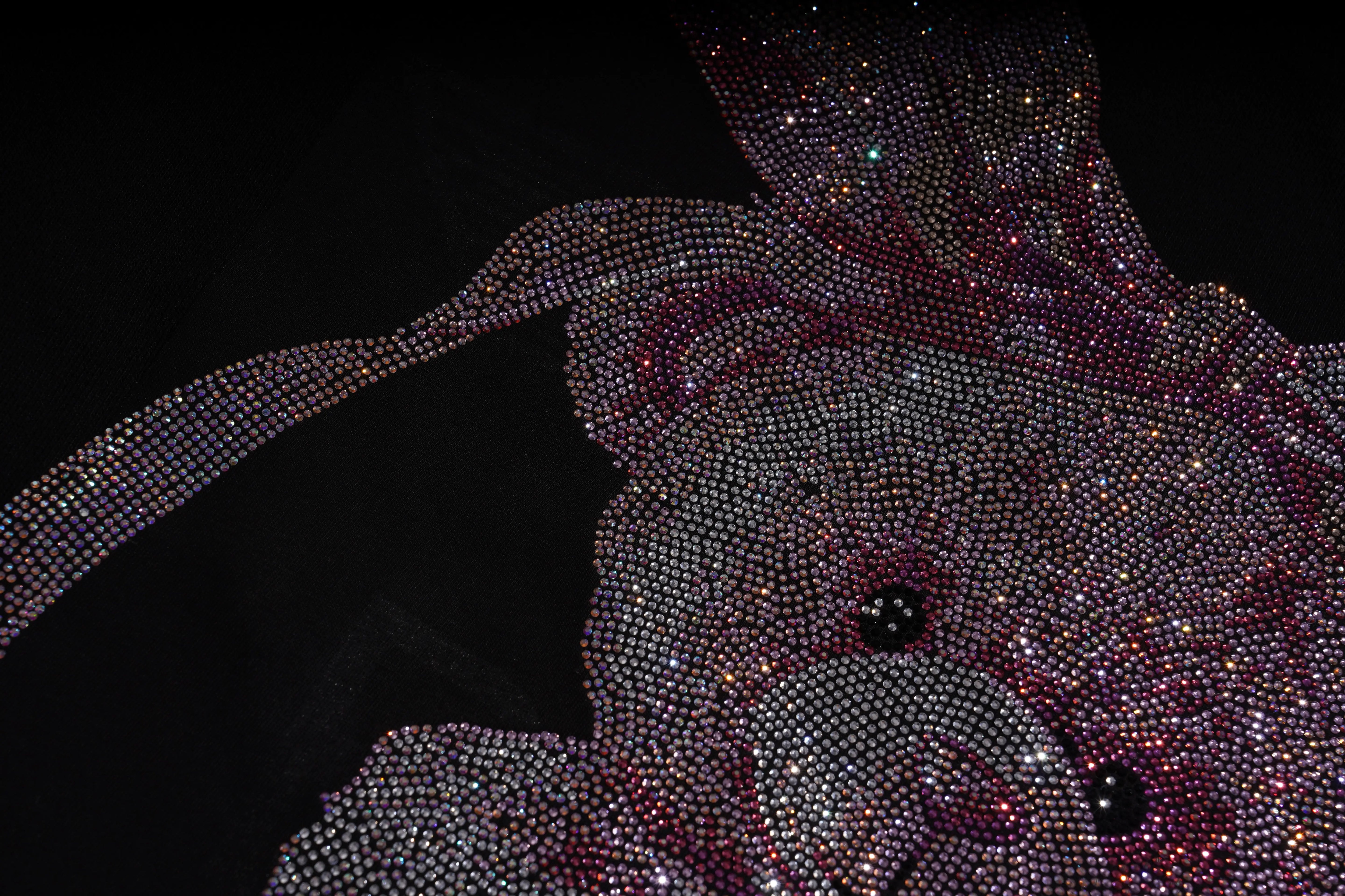 Close-up of a rhinestone-embellished dog-shaped object on a dark background, TCH Pink Teddy Rhinestone Sweatshirt
