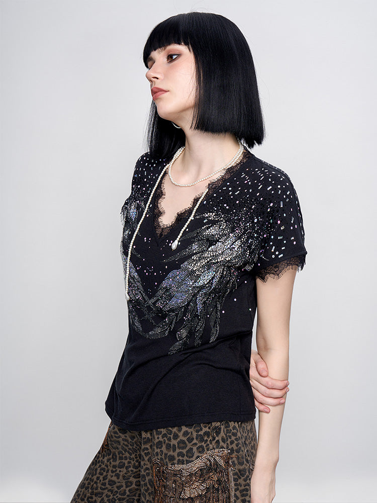 tch prasale crystal-embroidered lace contrast sexy tee black HighEnd Luxury Streetwear Brand Official Showcase