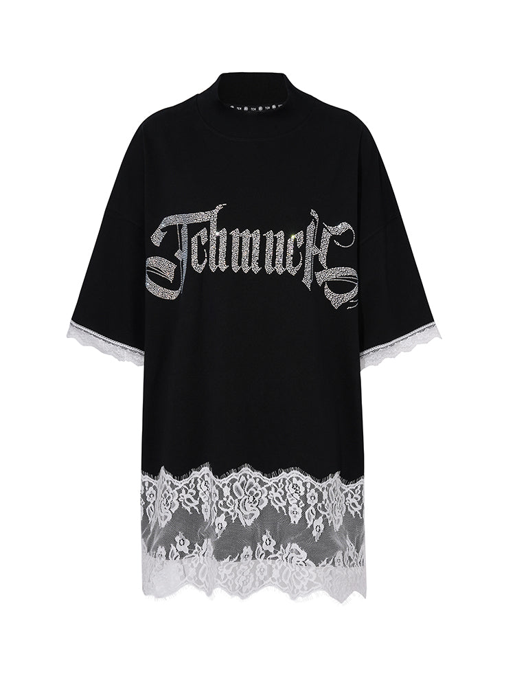 tch presale rhinestone contrast lace t shirt dress black HighEnd Luxury Streetwear Brand Official Showcase