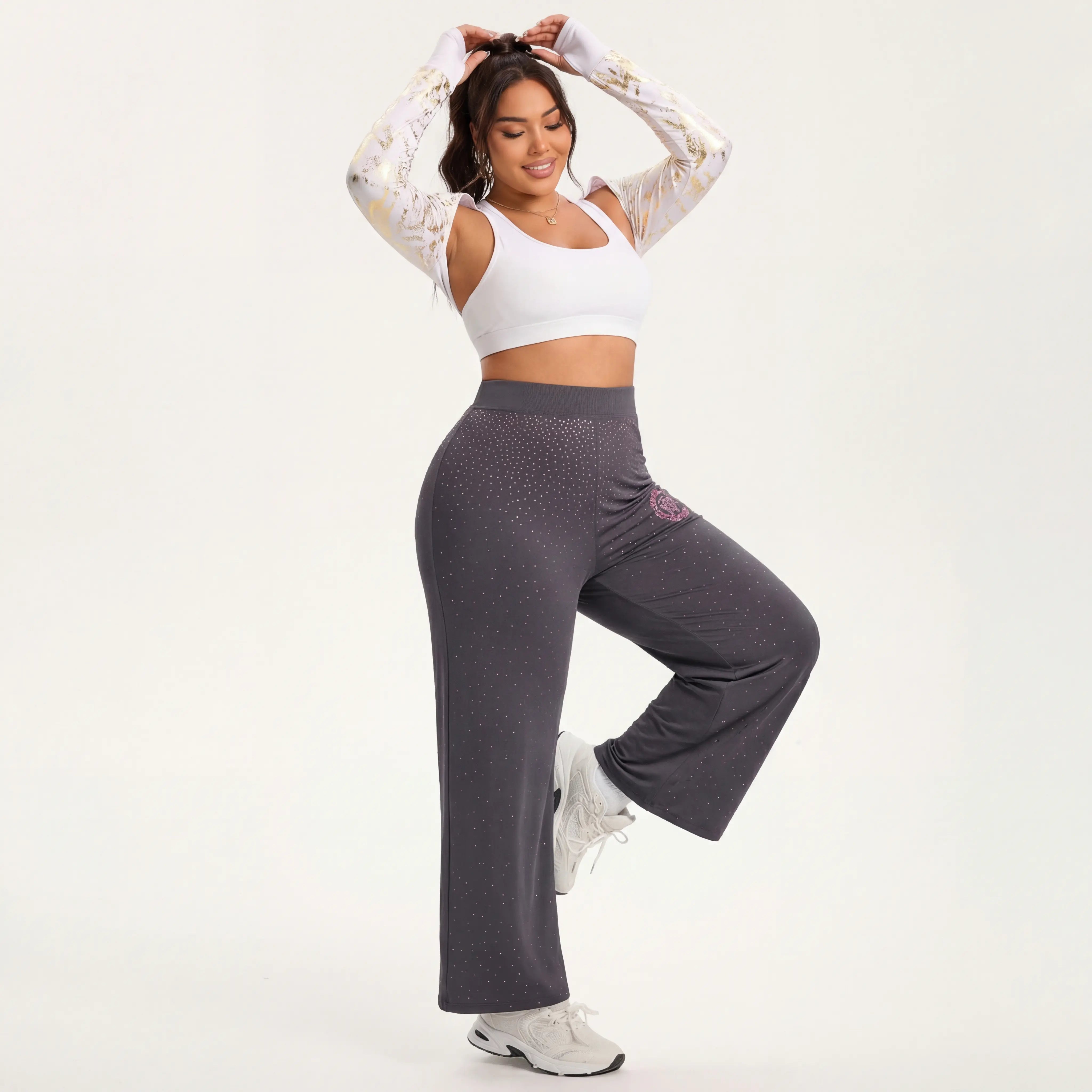 Woman wearing a white sports bra and gray leggings on a white background, TCH Purple Rhinestone Gradient Sweatpants