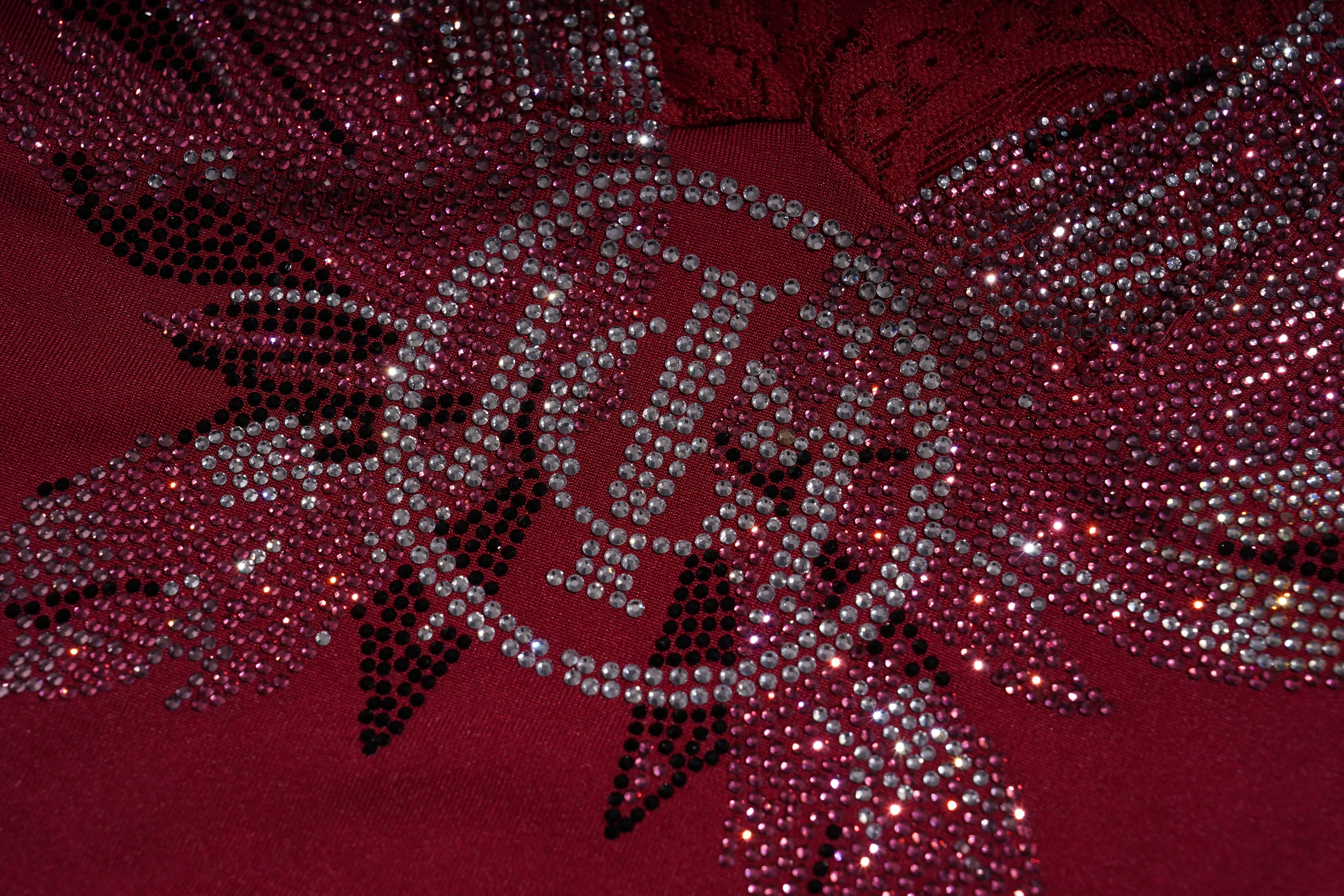 Decorative emblem with wings made of rhinestones on a red background, TCH Red Lace Trim V-Neck Rhinestone Wing Long Sleeve Top