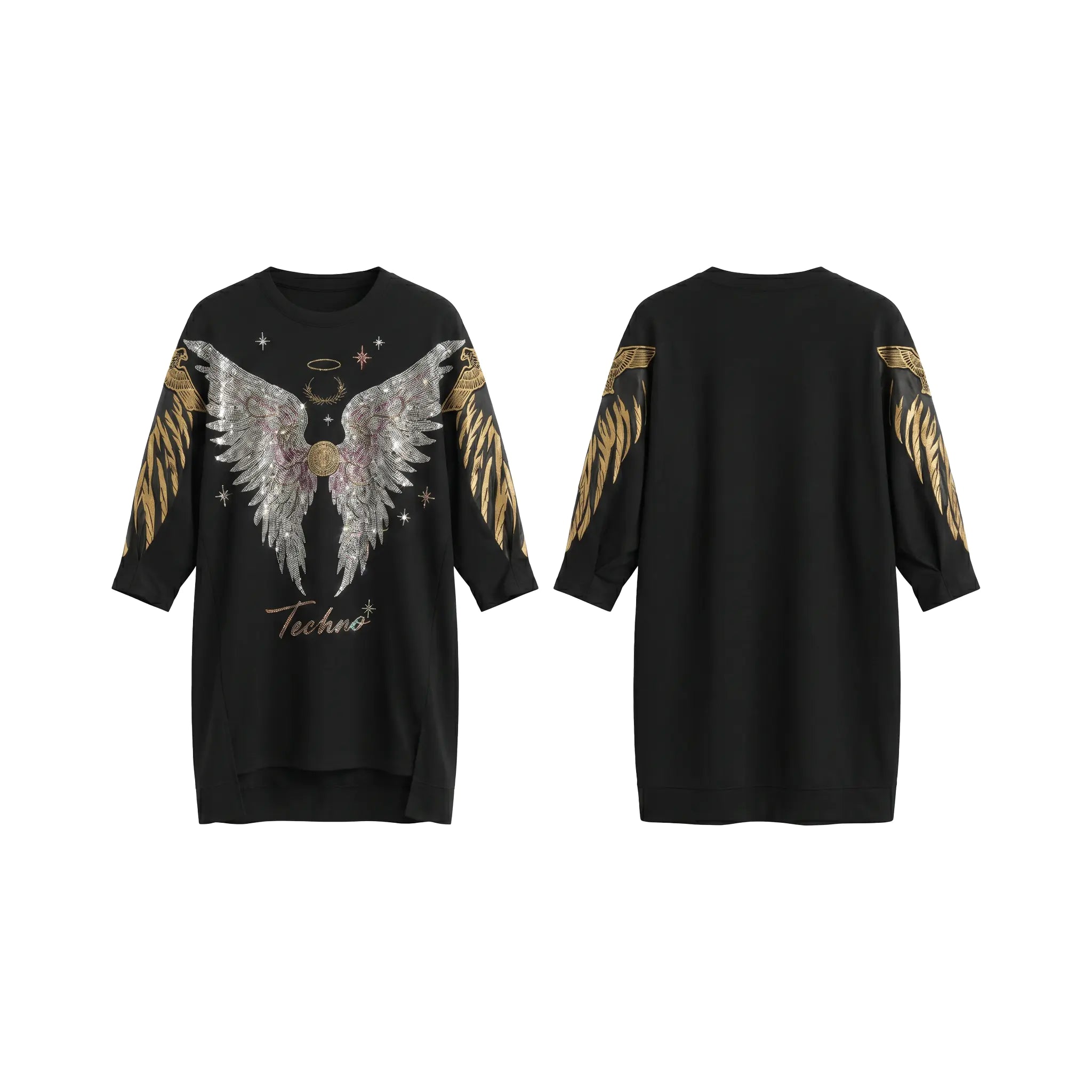 Black dress with angel wing design on sleeves, front and back views. TCH Rhinestone Angel Wing Black Dress