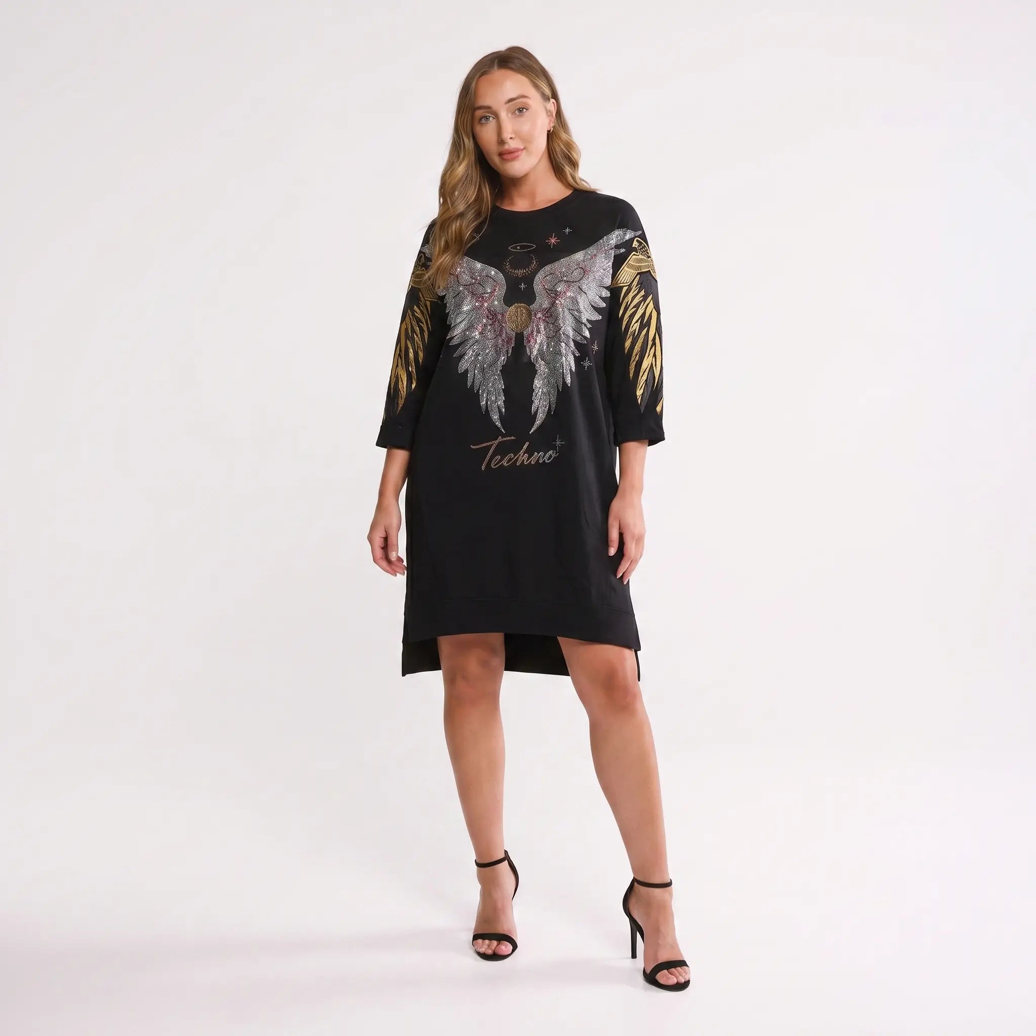 Woman wearing a black dress with angel wings design on a white background, TCH Rhinestone Angel Wing Black Dress