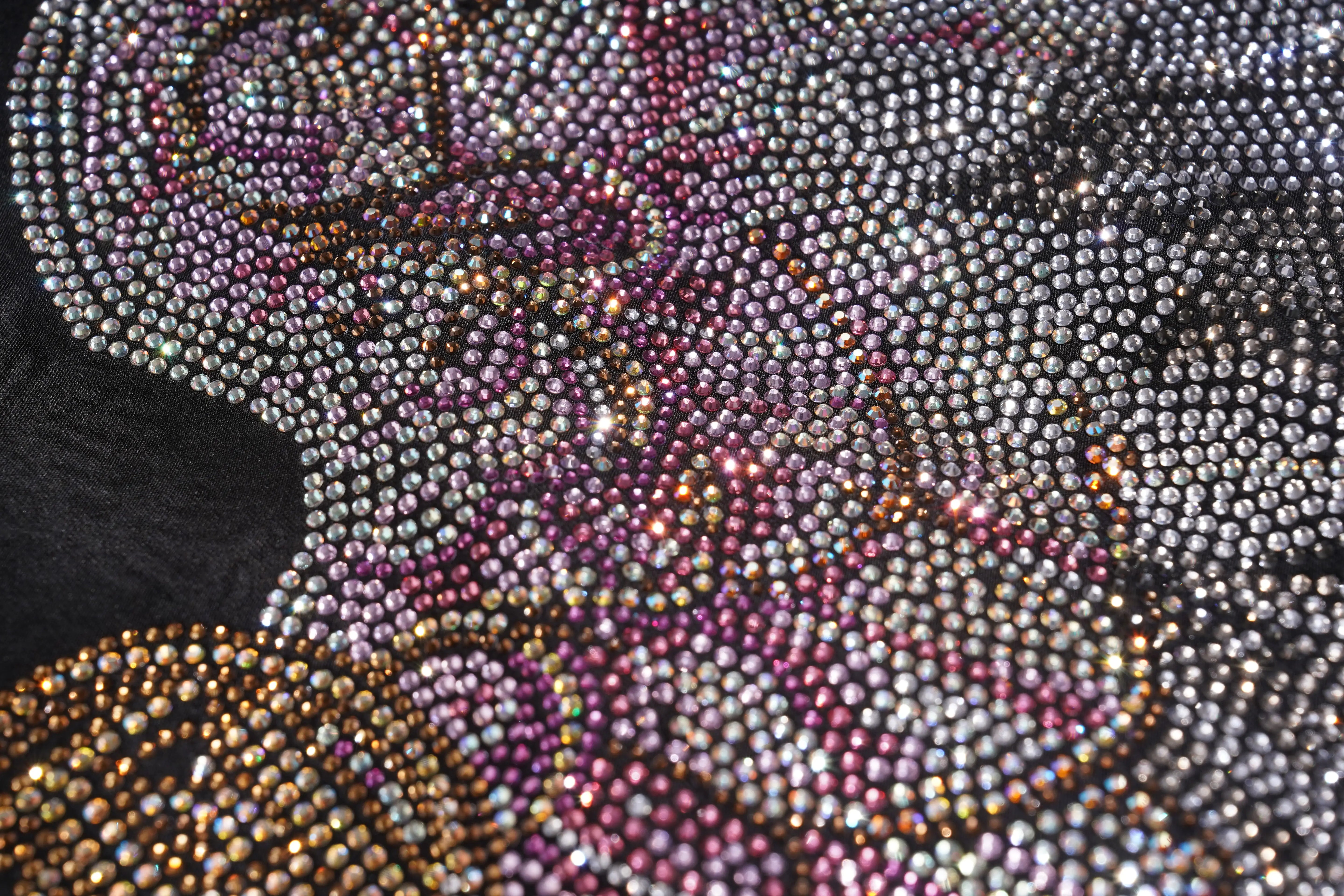 Close-up of a fabric with colorful beadwork and embroidery. TCH Rhinestone Angel Wing Black Dress