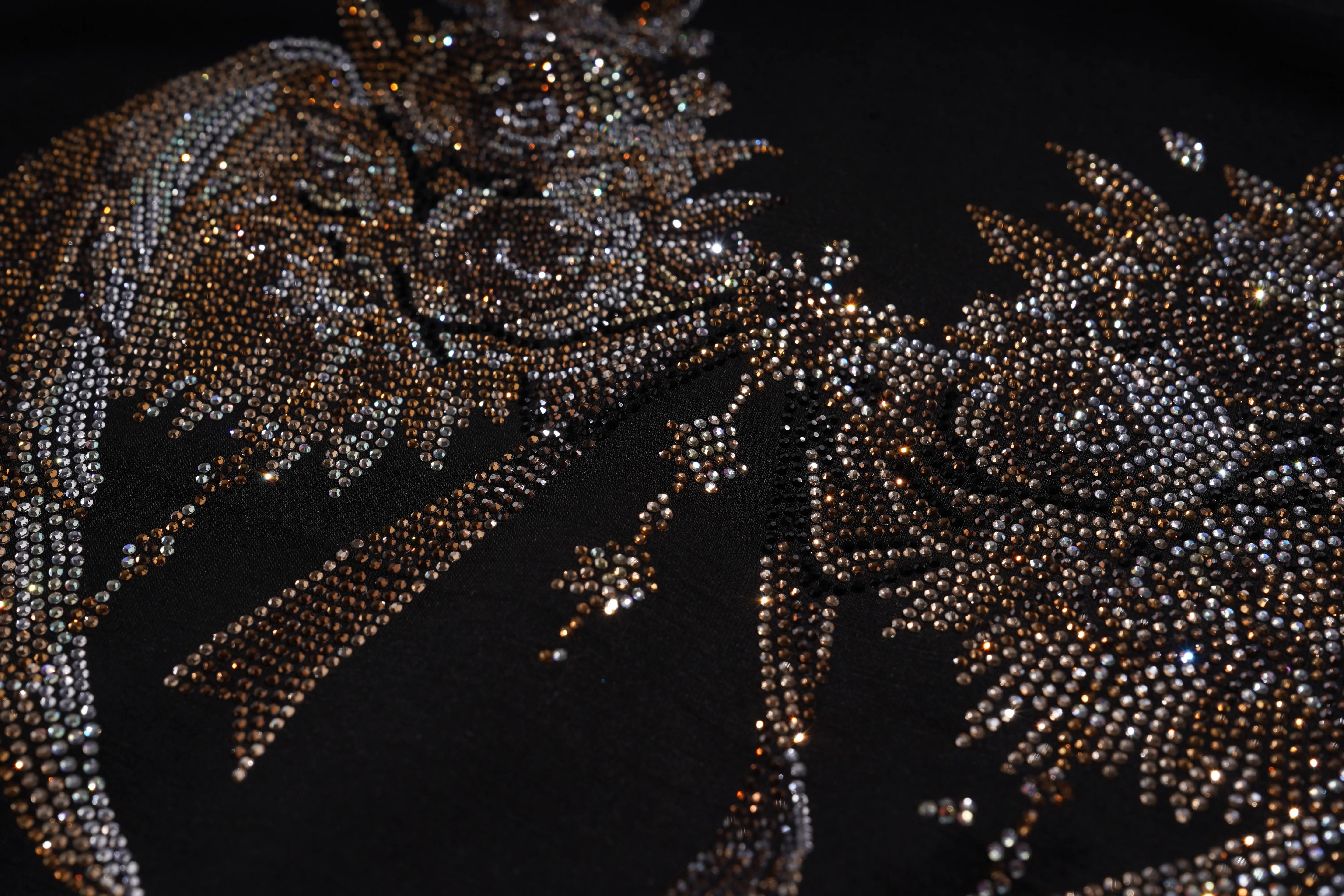 Decorative fabric with intricate beadwork on a black background, TCH Rhinestone Angel Wing Black Dress