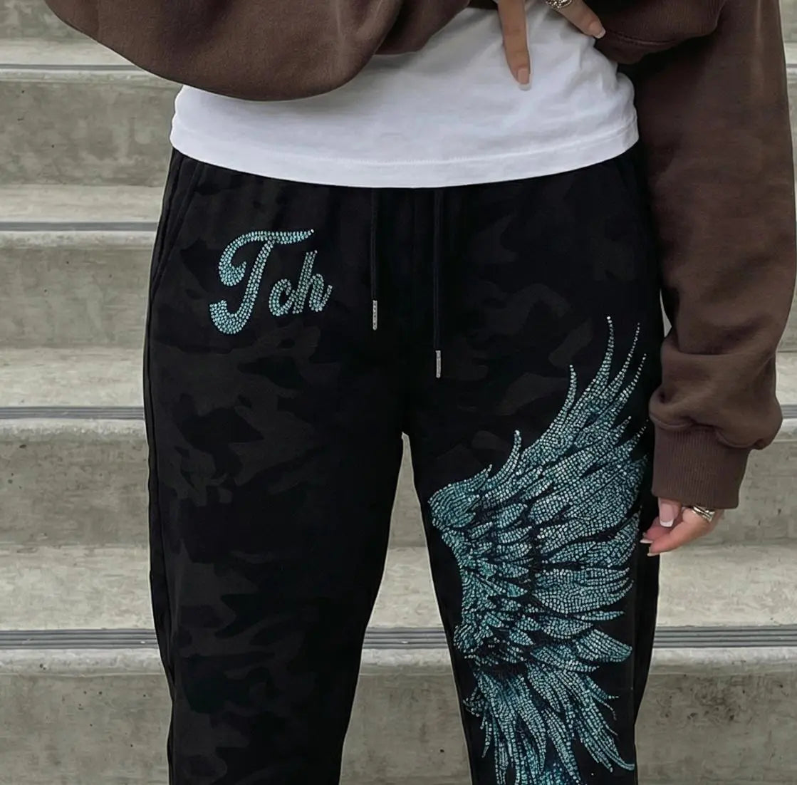 TCH Rhinestone Angel Wing Camo Jogger Pants Luxury Streetwear Brand Official Showcase
