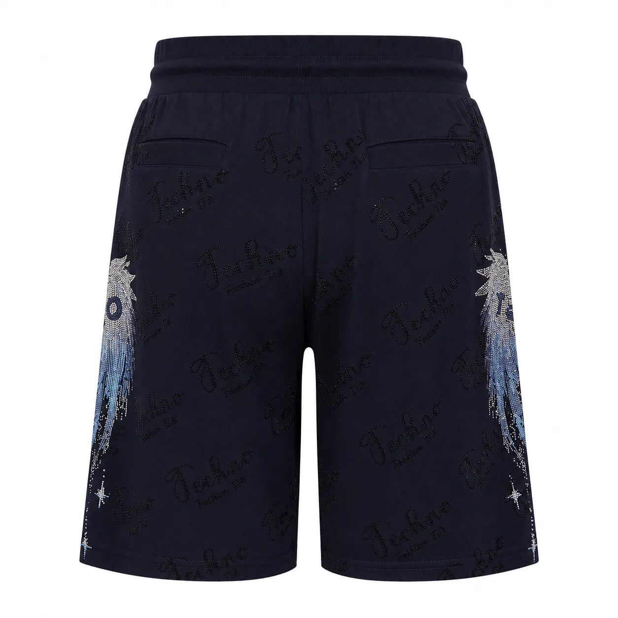 A pair of dark navy blue shorts featuring an all-over tonal script pattern and graphic prints on the sides depicting a wolf and a starry night sky. TCH Rhinestone Angel Wing Gradient Cargo Shorts