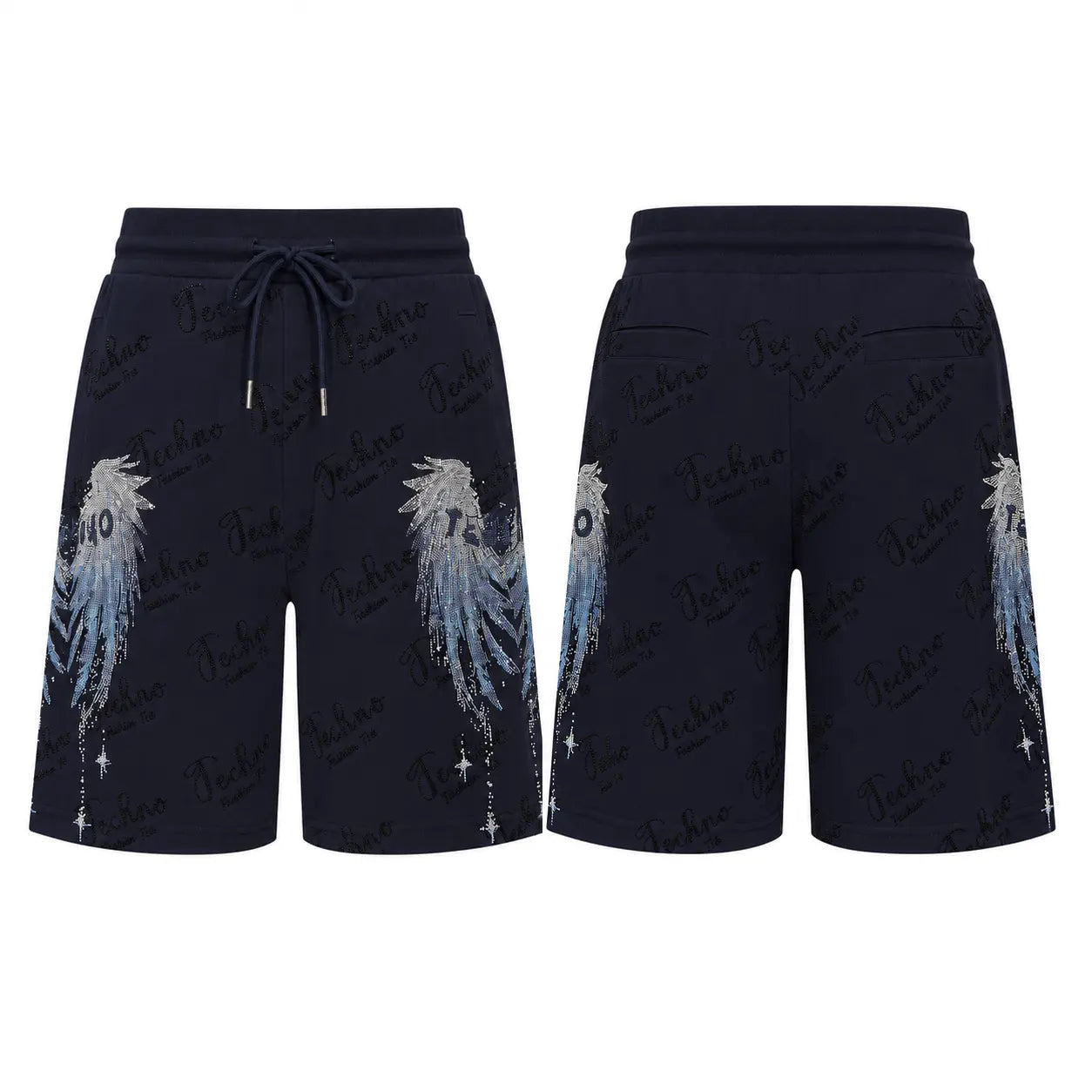 A pair of dark navy blue shorts shown from both the front and back views. The shorts feature an all-over tonal script pattern, a matching navy drawstring waist, and a large light blue and white feather graphic on the left leg. TCH Rhinestone Angel Wing Gradient Cargo Shorts