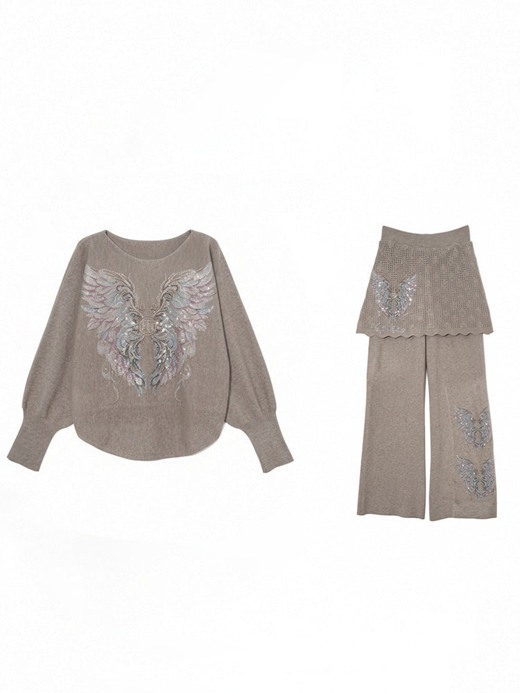 tch rhinestone angel wing knit pants set khaki HighEnd Luxury Streetwear Brand Official Showcase