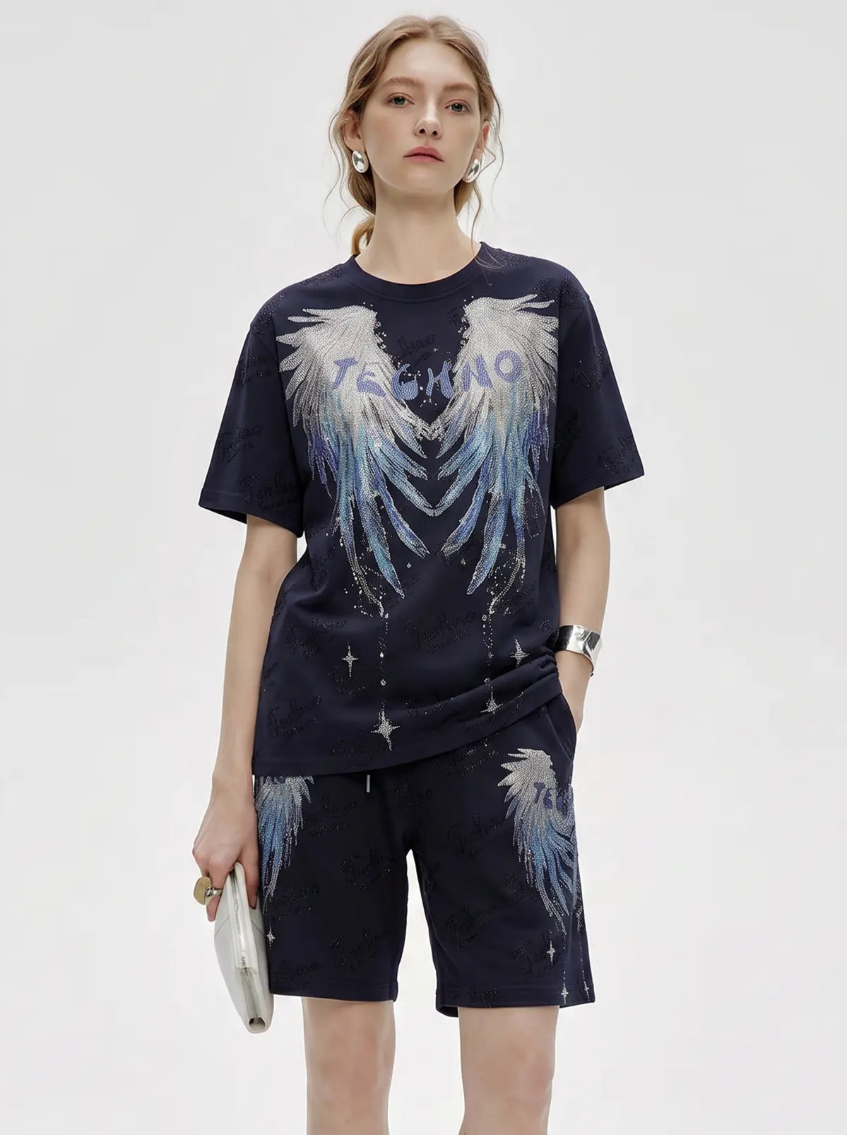 TCH Rhinestone Angel Wings Graphic Navy Blue T-Shirt Luxury Streetwear Brand Official Showcase