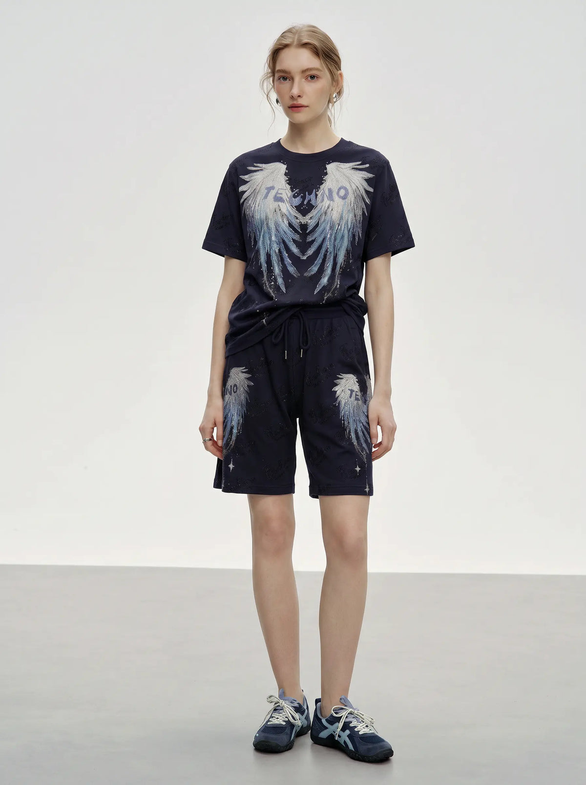 TCH Rhinestone Angel Wings Graphic Navy Blue T-Shirt Luxury Streetwear Brand Official Showcase