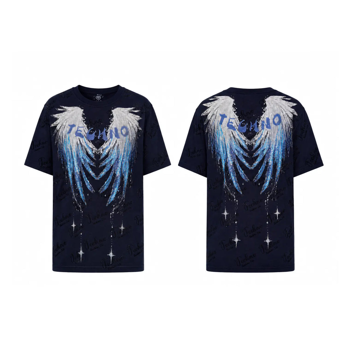 TCH Rhinestone Angel Wings Graphic Navy Blue T-Shirt Luxury Streetwear Brand Official Showcase