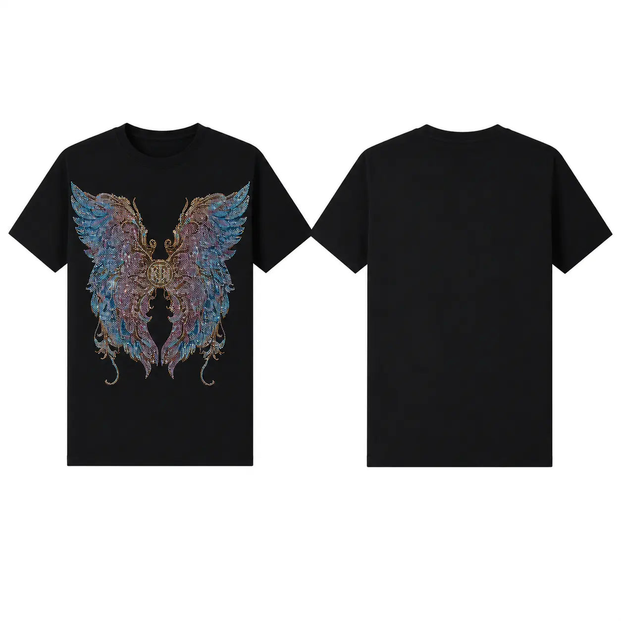 Black short-sleeve t-shirt shown from the front and back. The front features a large graphic of a butterfly with iridescent blue, purple, and gold wings, with a small crest emblem in the center. TCH Rhinestone Angel Wings Graphic T-Shirt