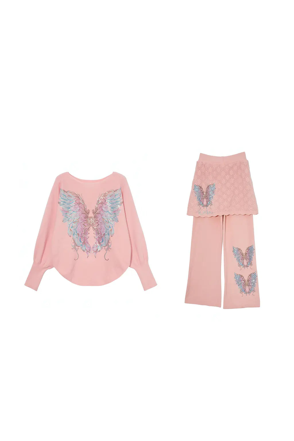 Pink outfit with butterfly designs on a white background, TCH Rhinestone Angel Wings Layered Knit Top & Wide-Leg Pants Set