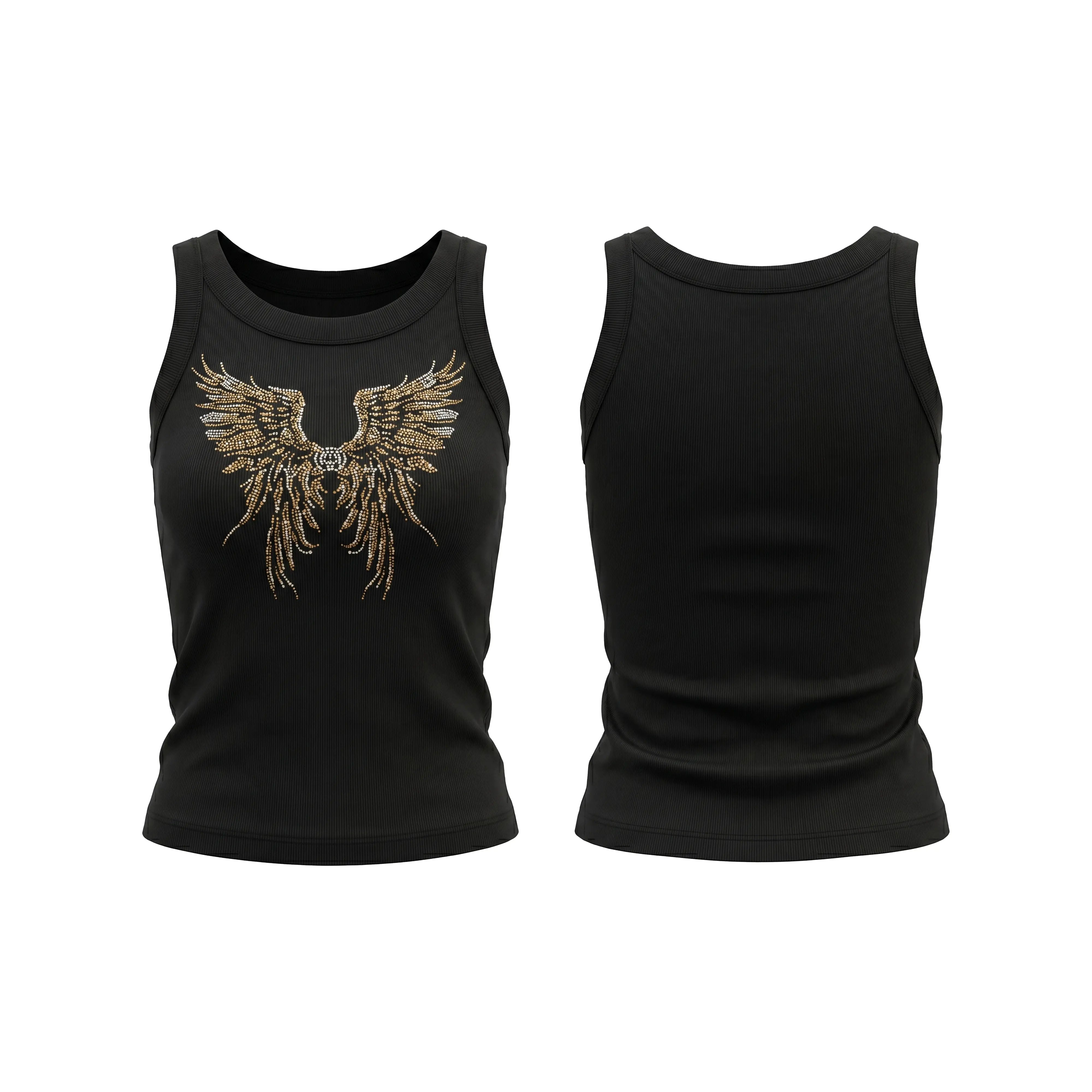 Black sleeveless tank top shown from the front and back. The front features a large metallic gold wing graphic with a skull at the center and the word 'HUM' printed below it. TCH Rhinestone Angel Wings Ribbed Tank Top