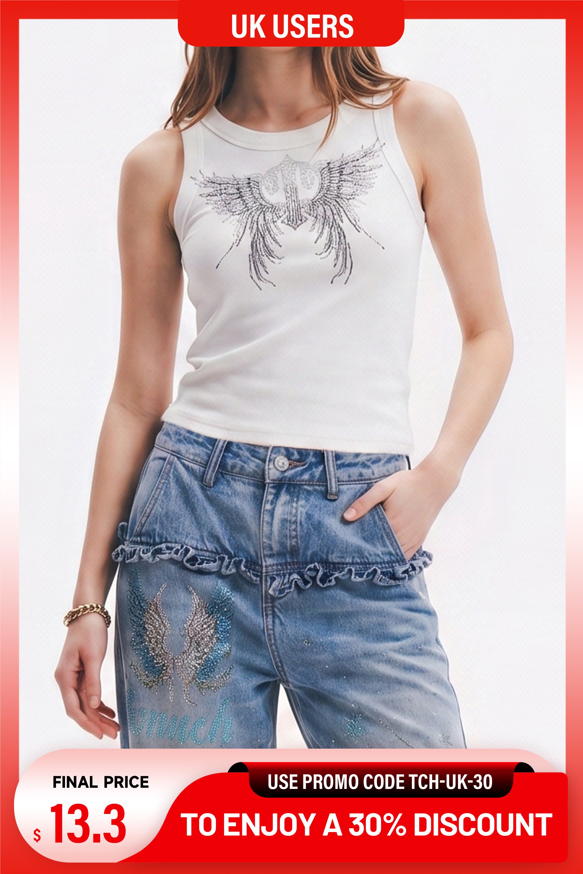 Woman wearing a white sleeveless top and blue jeans with decorative elements, on a plain background. TCH Rhinestone Angel Wings Ribbed Tank Top
