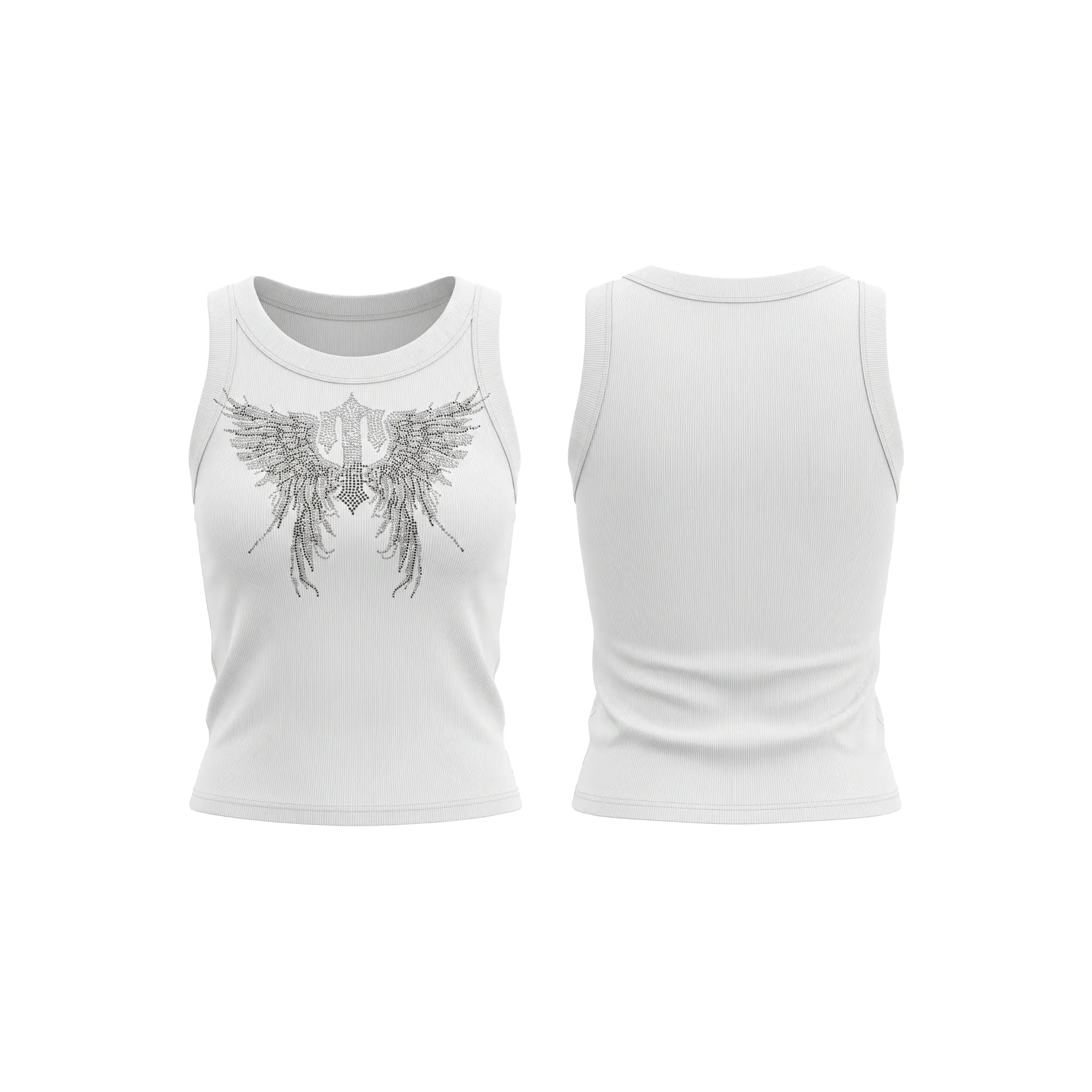 White sleeveless crop top with a graphic design on a white background, TCH Rhinestone Angel Wings Ribbed Tank Top