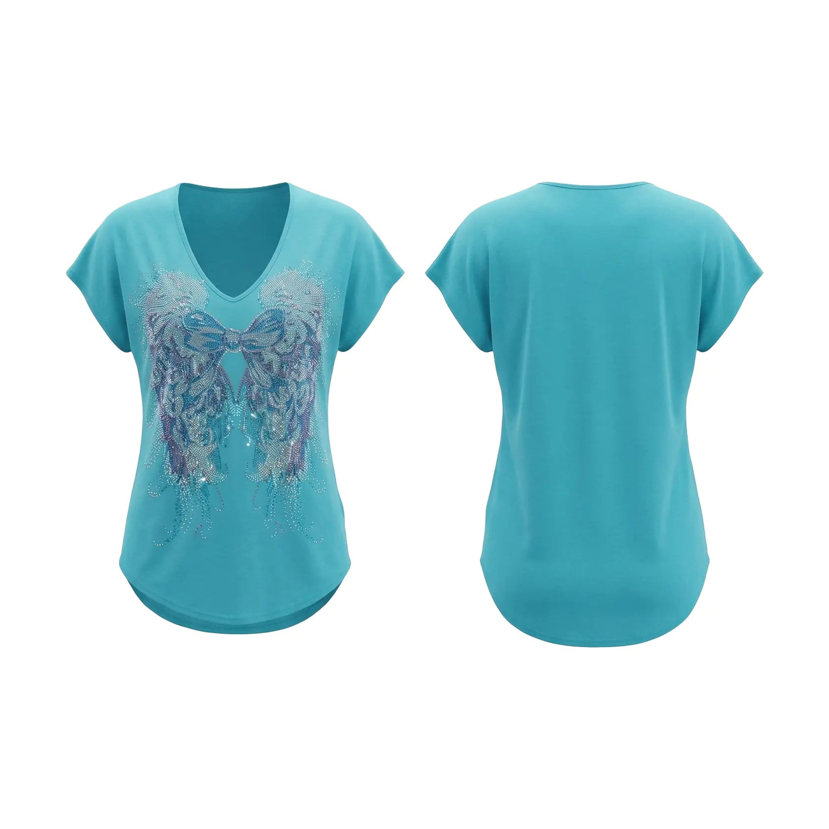 Turquoise t-shirt with decorative bow design on a white background, TCH Rhinestone Angel Wings V-Neck T-Shirt