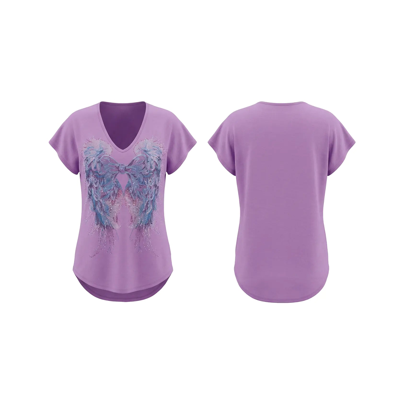 Purple t-shirt with a blue angel wing design on a white background, TCH Rhinestone Angel Wings V-Neck T-Shirt