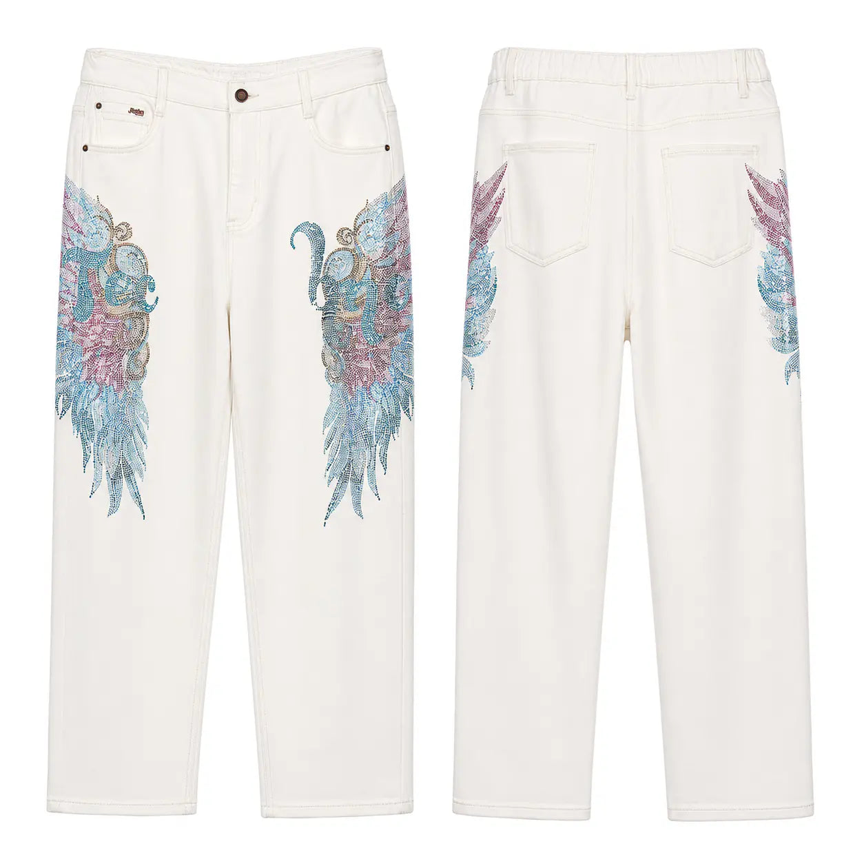 Front and back views of off-white denim jeans featuring large, colorful embroidered angel wing designs on the thighs in shades of blue, pink, and purple. TCH Rhinestone Angel Wings White Straight-Leg Jeans