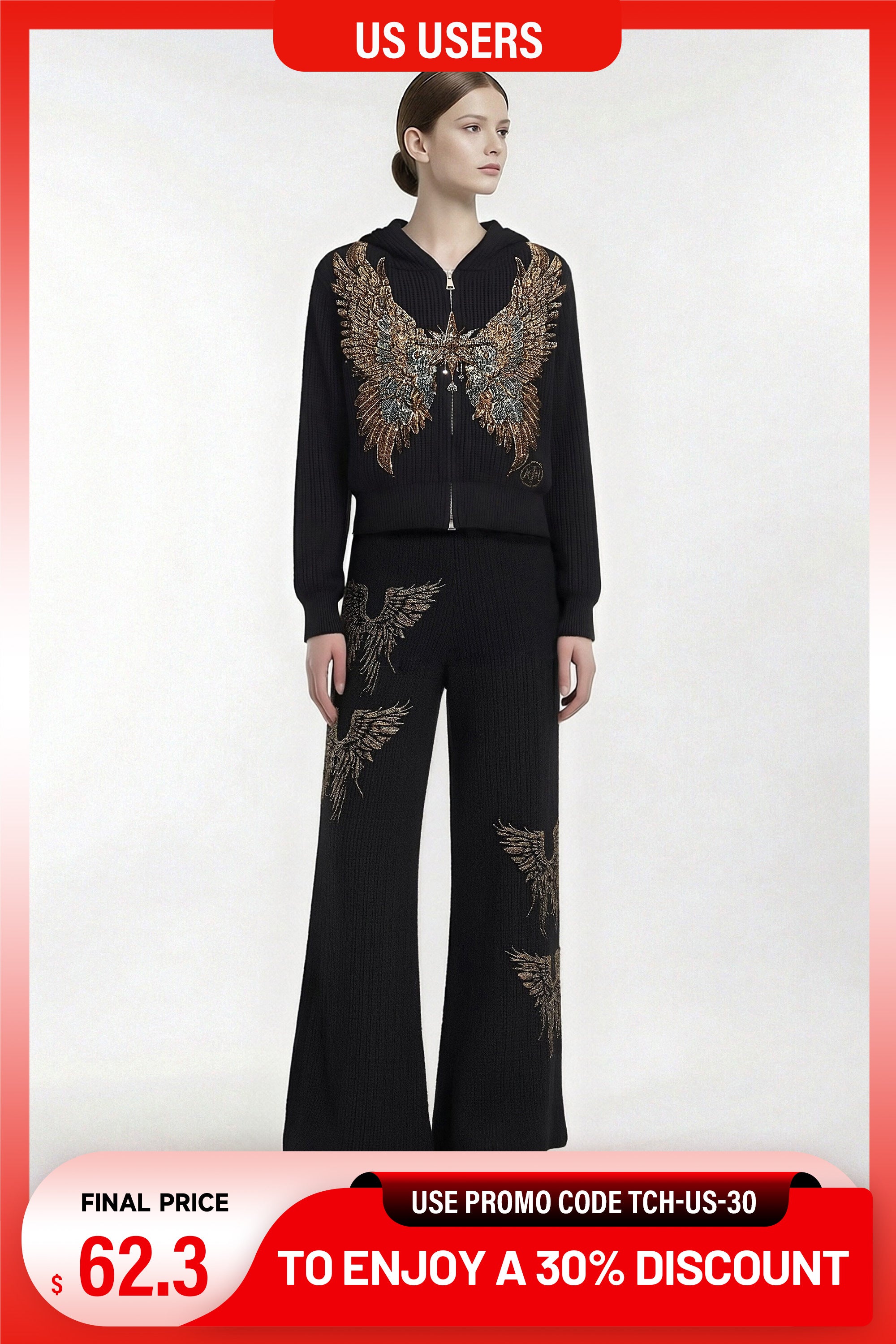 Black outfit with embellishments on a white background, featuring a promotional banner at the bottom. TCH Rhinestone Angel Wings Zip Hoodie & Flare Pants Set