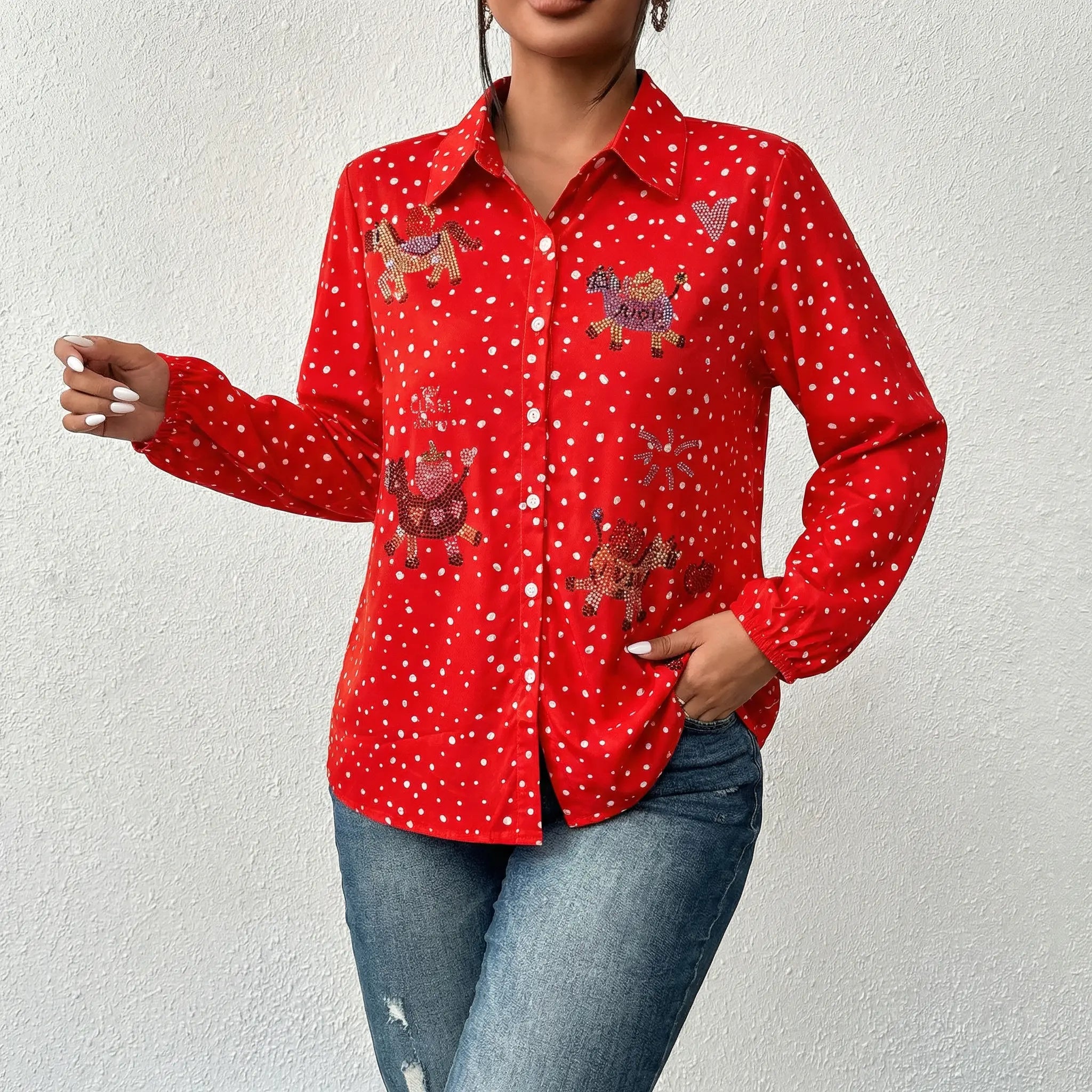 Red patterned shirt worn by a person on a light gray background, TCH Rhinestone Animal Polka Dot Shirt