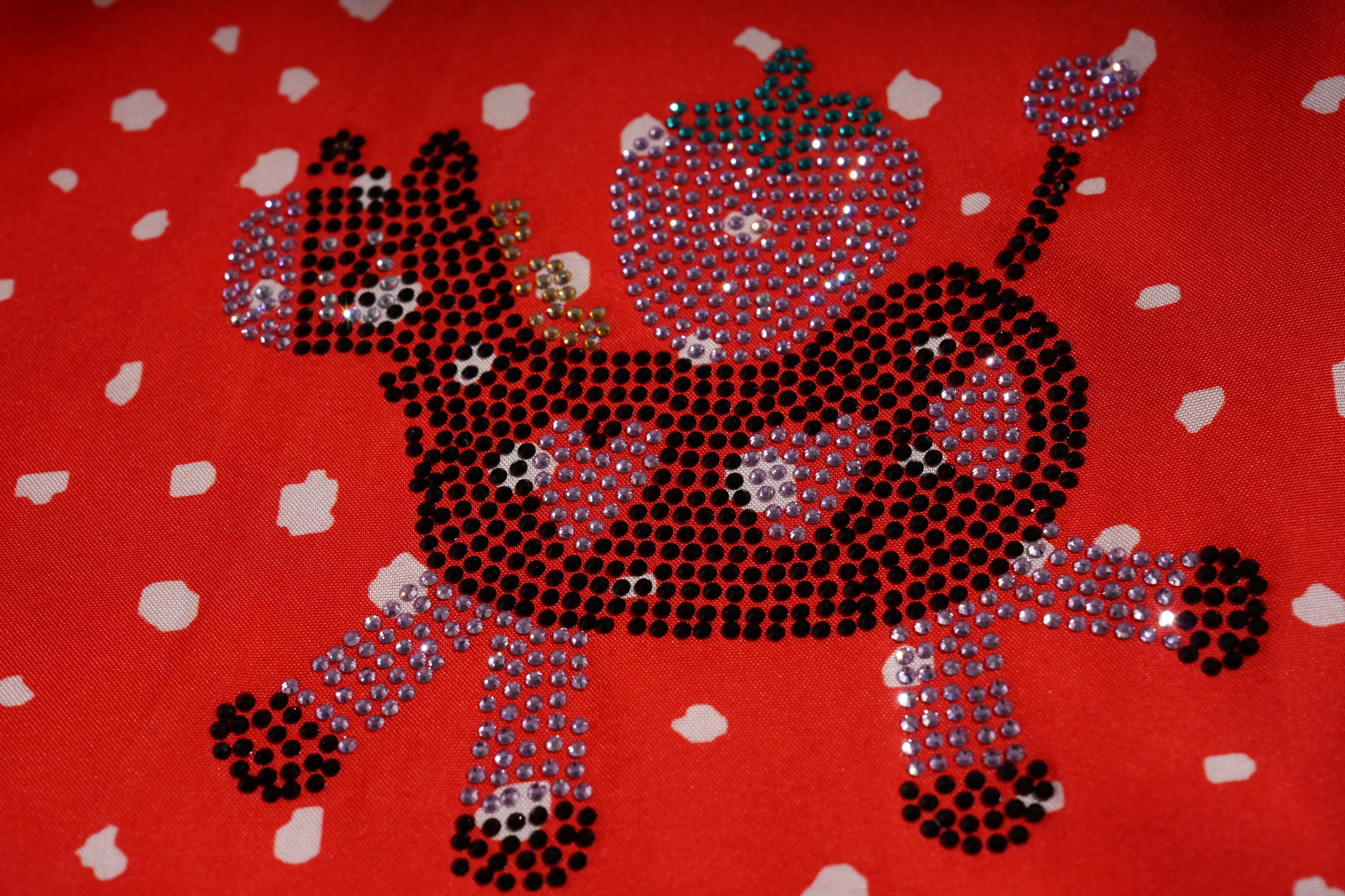 Decorative design of a horse with an apple on a red background with white hearts, TCH Rhinestone Animal Polka Dot Shirt
