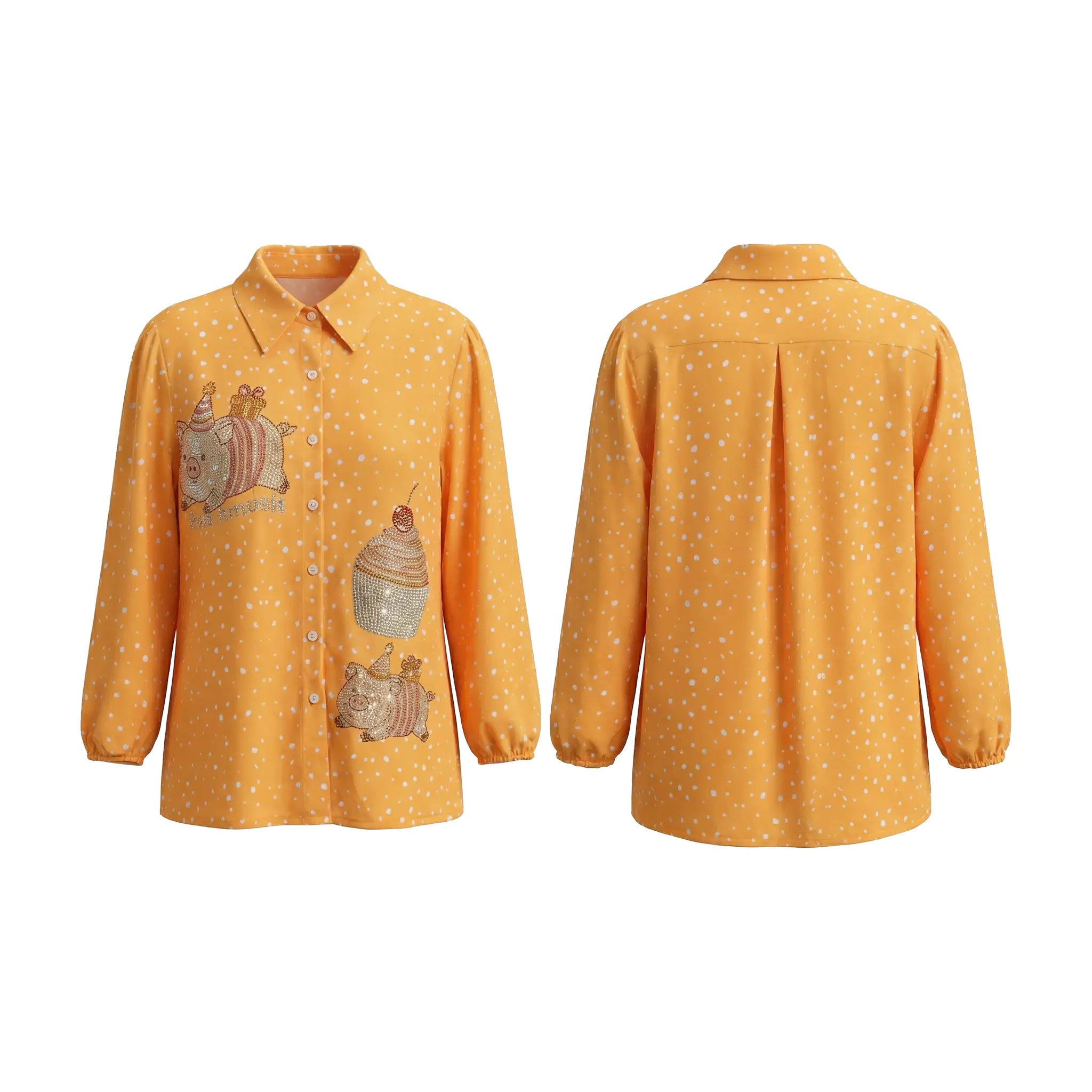 Yellow shirt with cupcake designs on a white background, TCH Rhinestone Animal Polka Dot Shirt