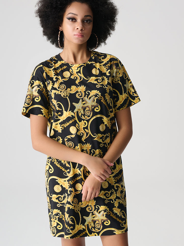 tch rhinestone baroque print t-shirt dress blackandgold HighEnd Luxury Streetwear Brand Official Showcase
