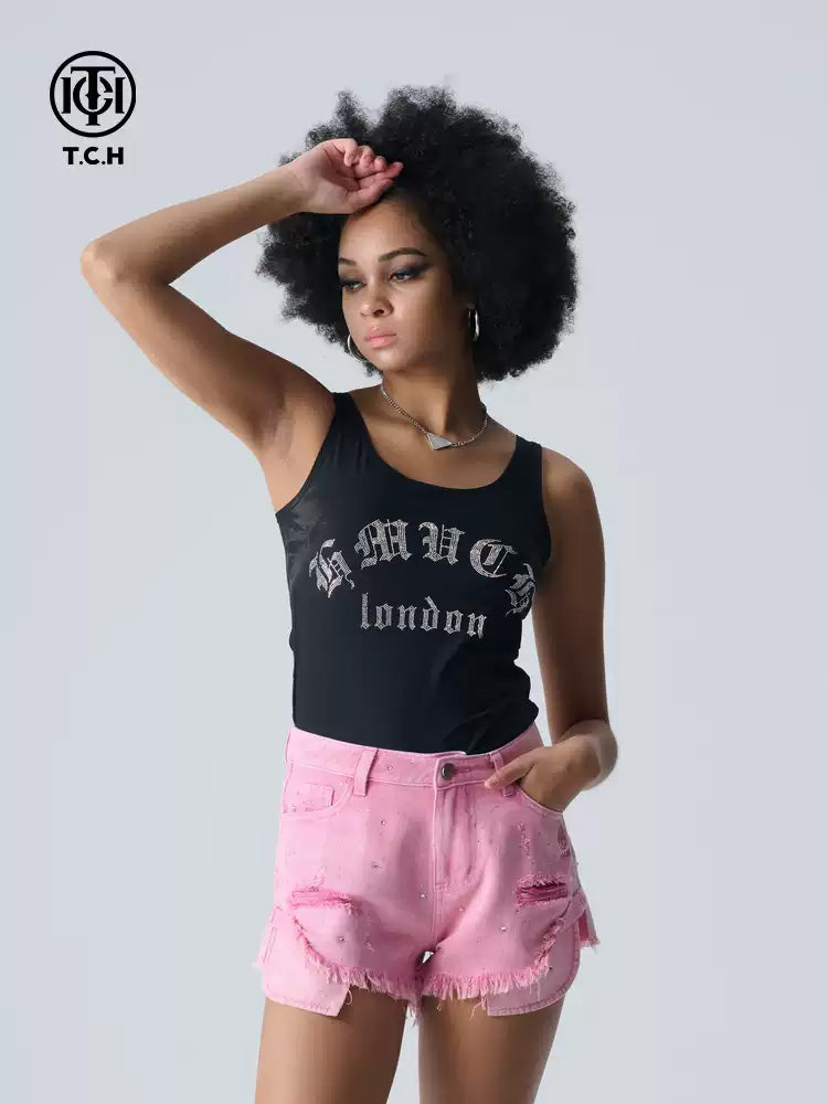 tch rhinestone bling letter print tank top black HighEnd Luxury Streetwear Brand Official Showcase