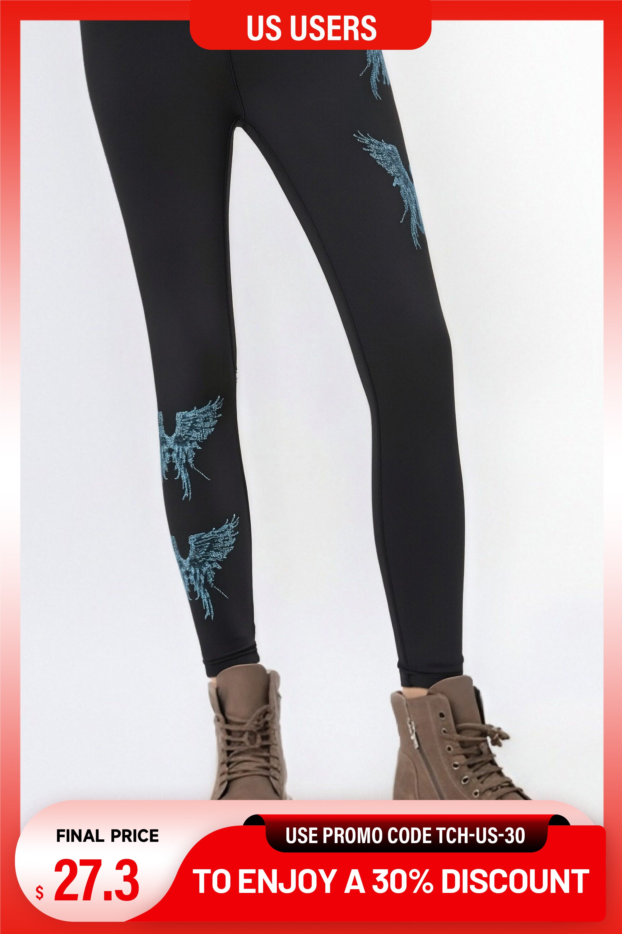 Black leggings with blue designs worn by a person, on a white background with promotional text overlay. TCH Rhinestone Blue Wings Black High-Waist Leggings