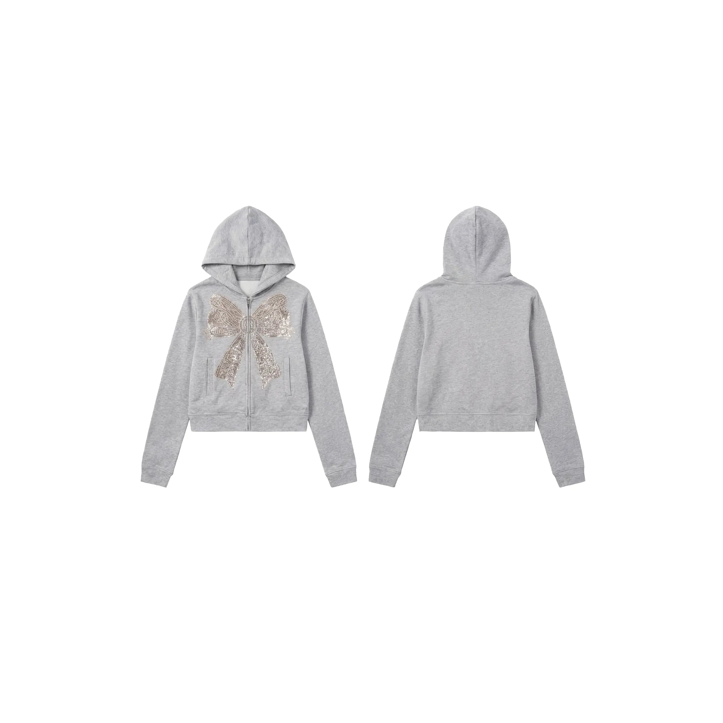 A light gray zip-up hoodie shown from both the front and back views against a plain white background. The front features a large, textured metallic rose motif on the left chest. TCH Rhinestone Bow 3-Piece Lounge Set