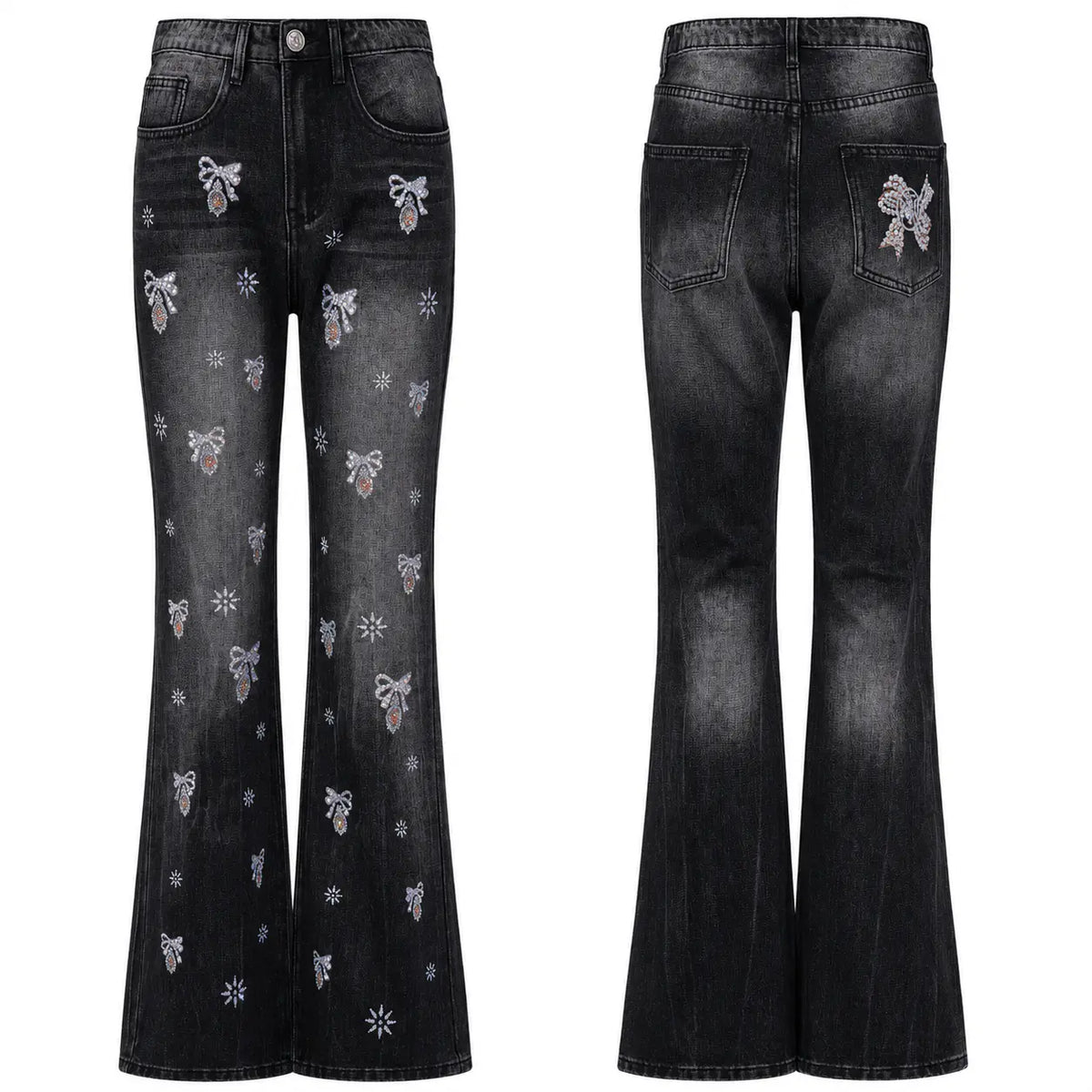 Black flared denim jeans shown from the front and back, featuring distressed fading and embroidered bow and snowflake motifs. TCH Rhinestone Bow & Butterfly Flare Jeans