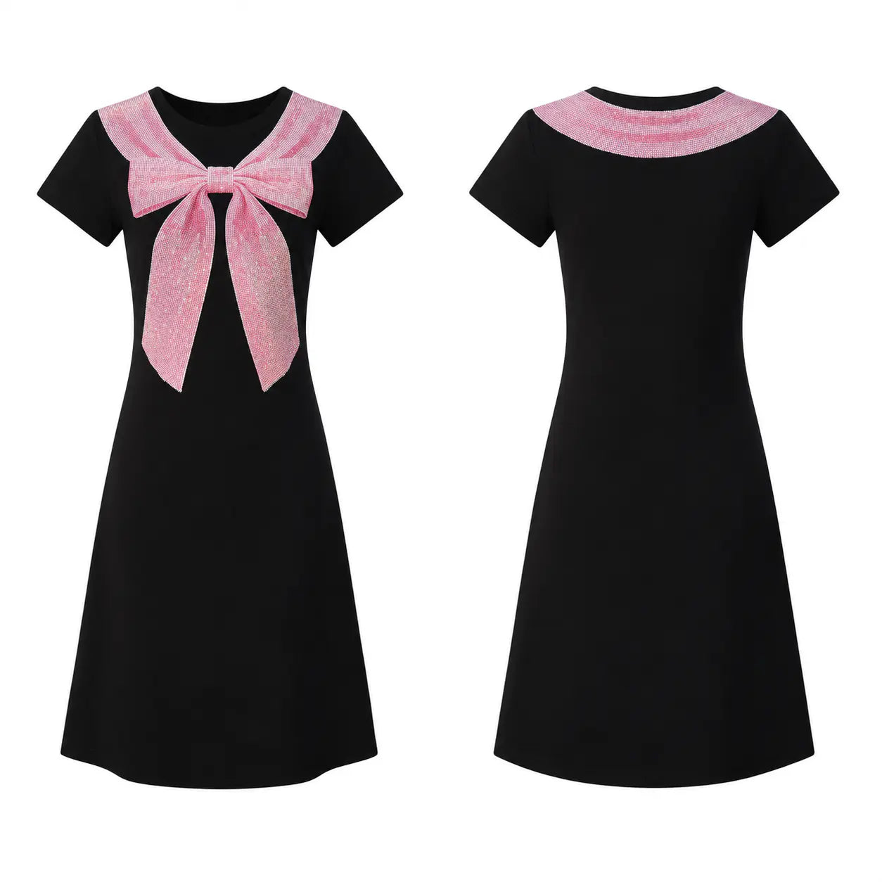 Black short-sleeve dress with a large pink bow and pink collar detail, shown from the front and back on a white background. TCH Rhinestone Bow Collar Black Mini Dress