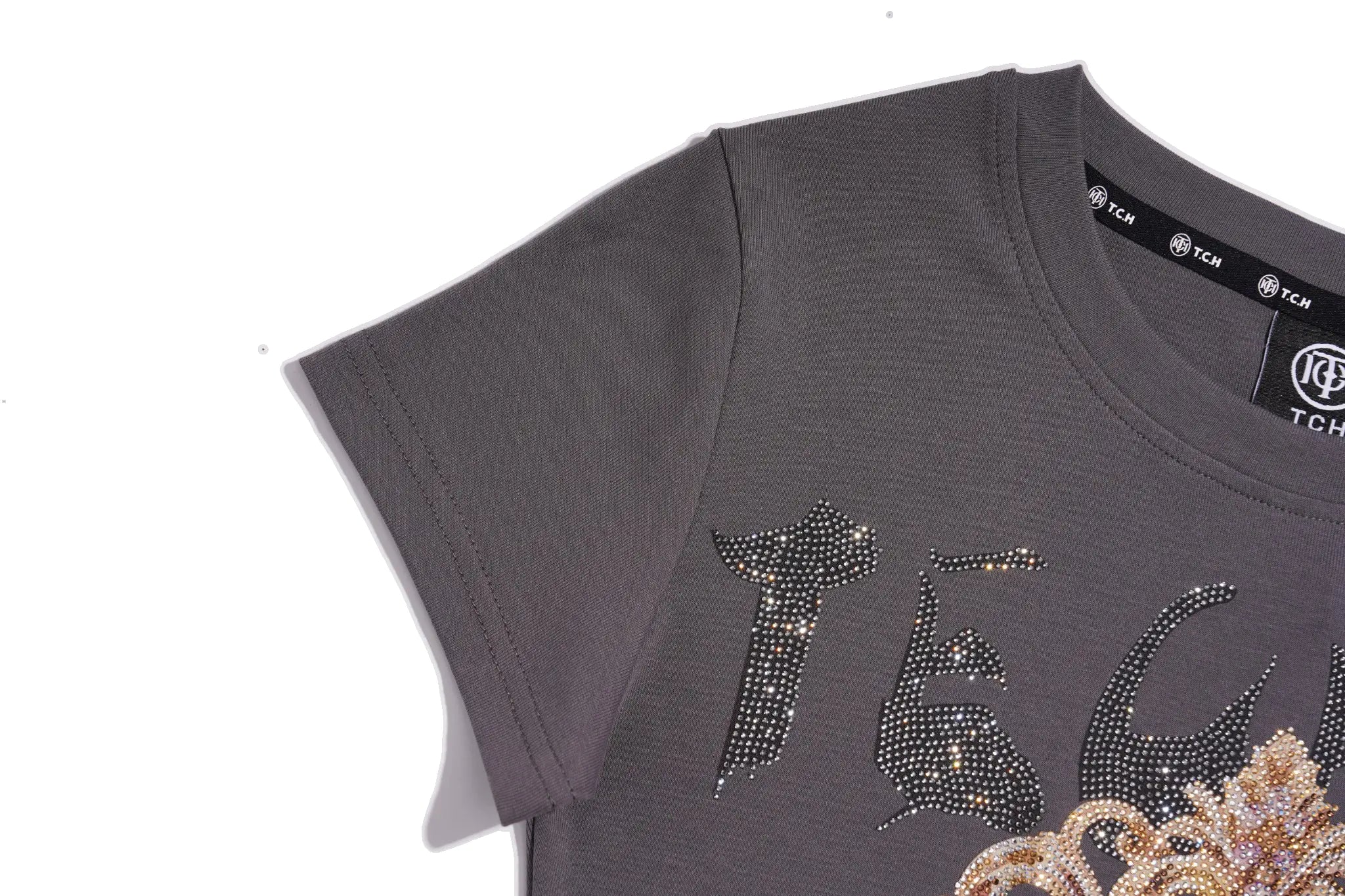 A close-up of a dark gray short-sleeve T-shirt with a rhinestone-embellished graphic on the front, set against a plain white background. TCH Rhinestone Bow Crown Graphic Mini Dress