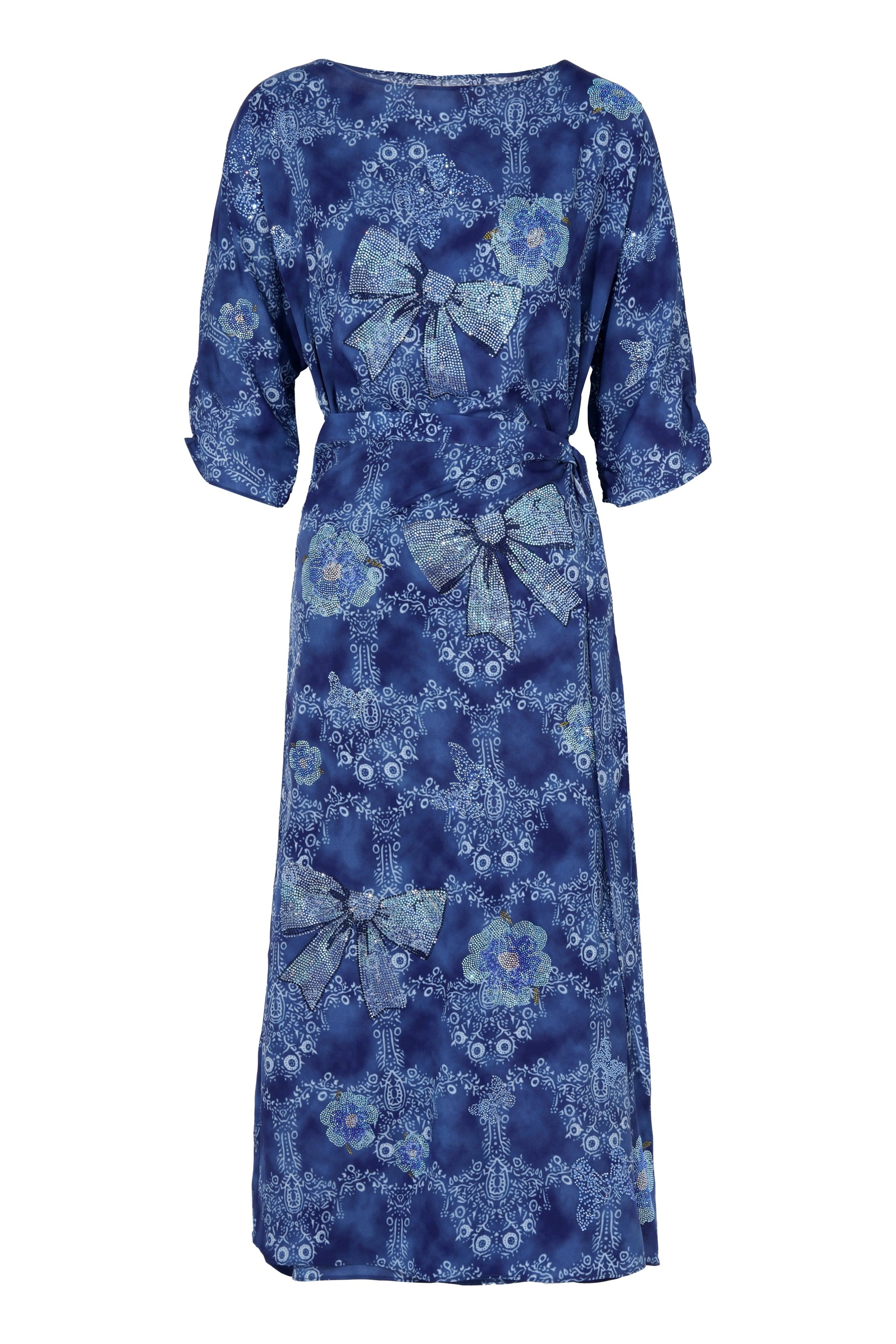 Blue floral dress with bow details on a white background, TCH Rhinestone Bow & Floral Blue Dress