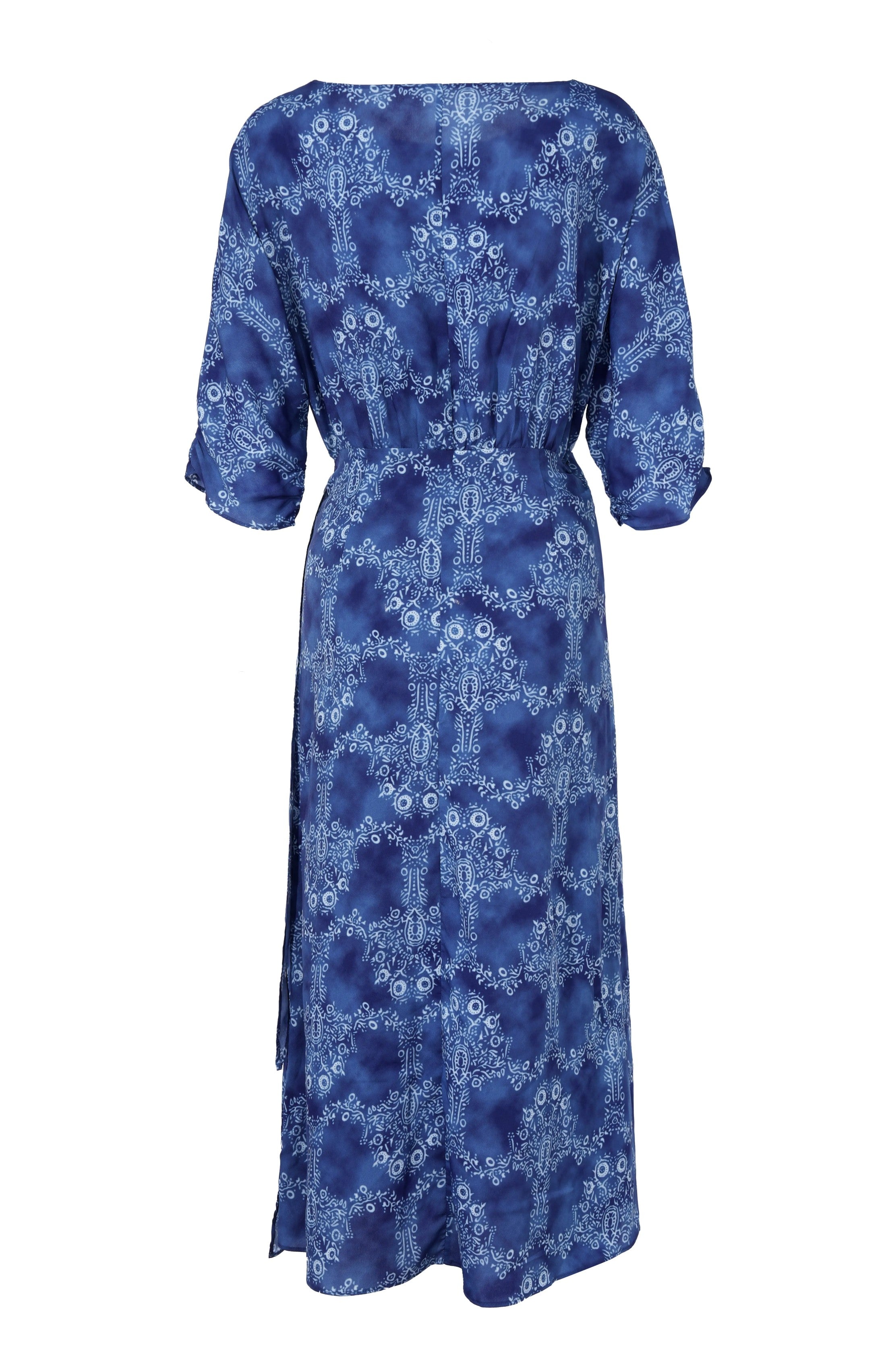 Blue patterned dress on a white background, TCH Rhinestone Bow & Floral Blue Dress