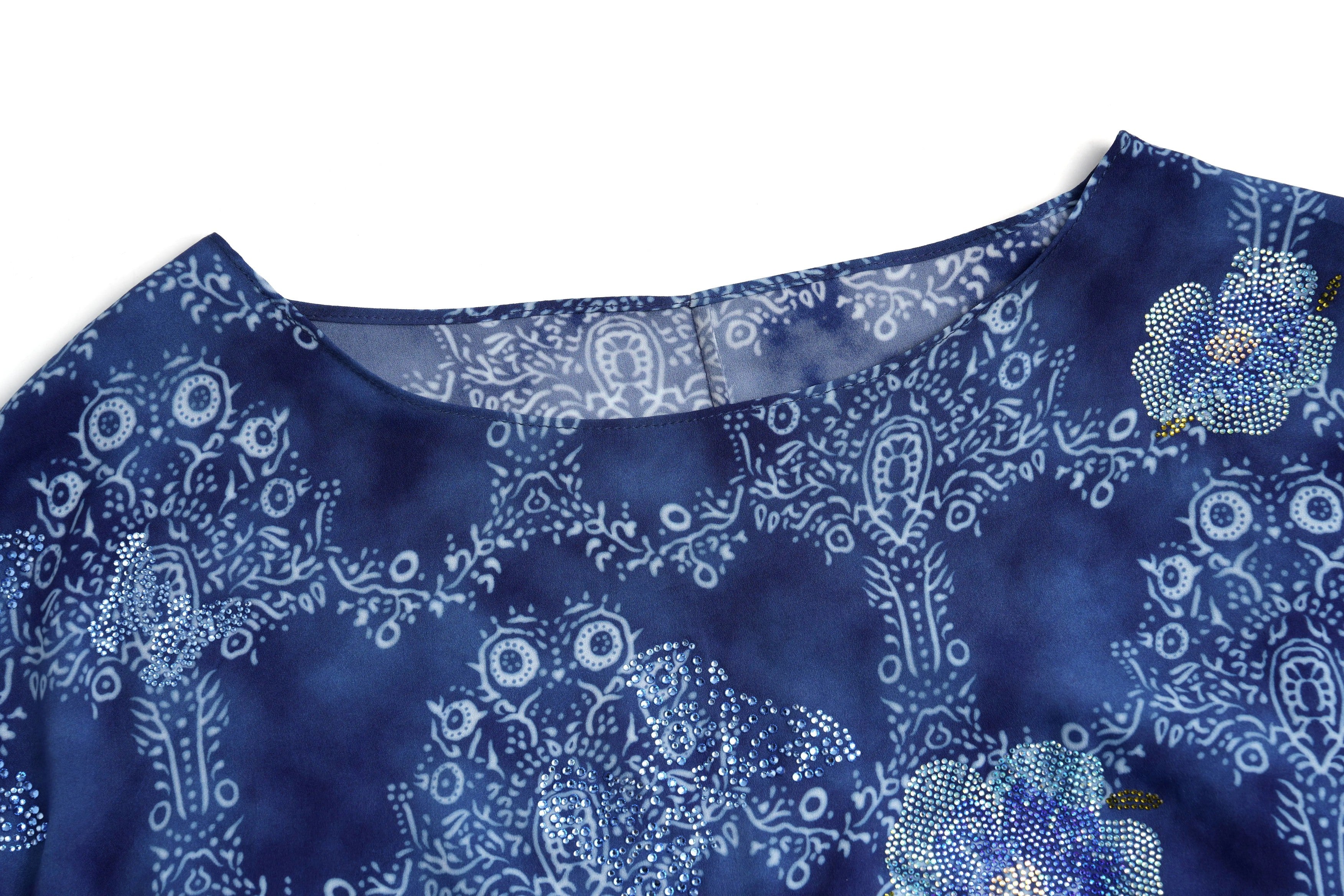Blue fabric with white floral pattern on a white background, TCH Rhinestone Bow & Floral Blue Dress