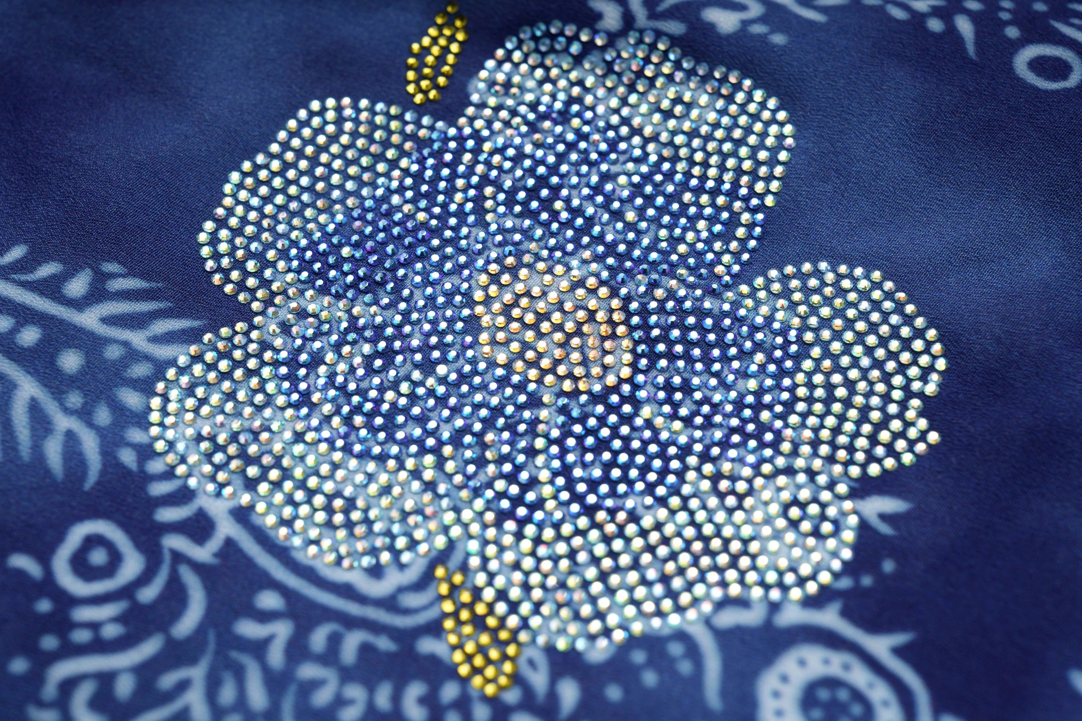 Decorative flower design with rhinestones on a blue fabric background, TCH Rhinestone Bow & Floral Blue Dress