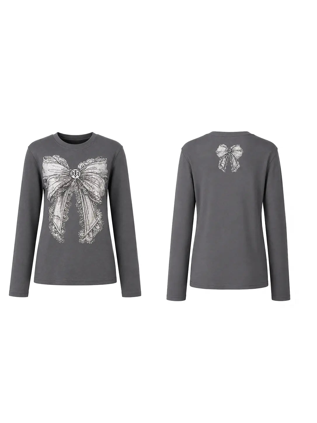 A dark gray long-sleeve top shown from both front and back. The front features a large white bow graphic with a central monogram, and the back features a smaller matching bow graphic. TCH Rhinestone Bow Graphic Fitted Long Sleeve Top