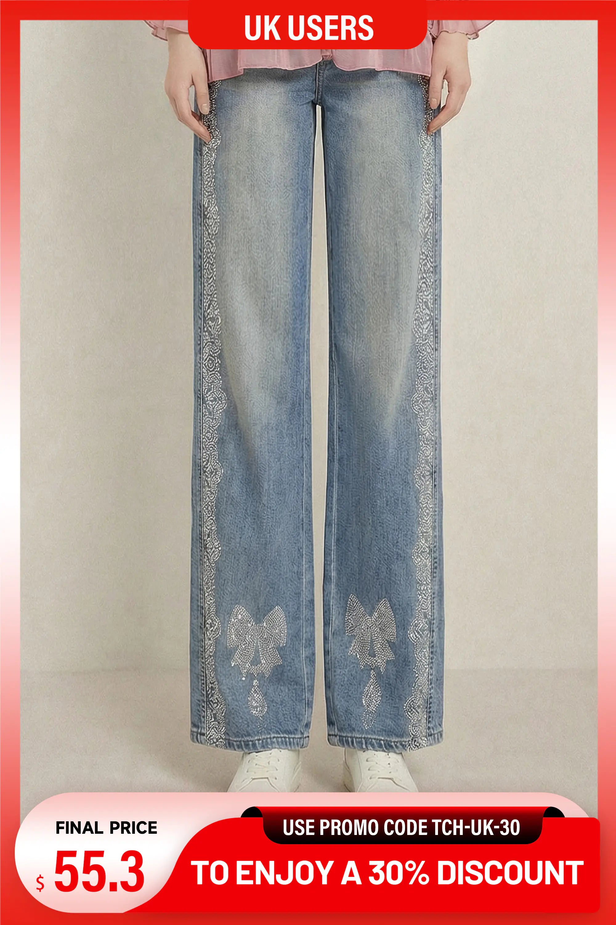 A model is shown from the waist down wearing light blue wide-leg jeans with white embroidered butterfly details on the lower legs and white sneakers. The image has promotional banners at the top and bottom. TCH Rhinestone Bow Lace Side Panel Wide Leg Jeans
