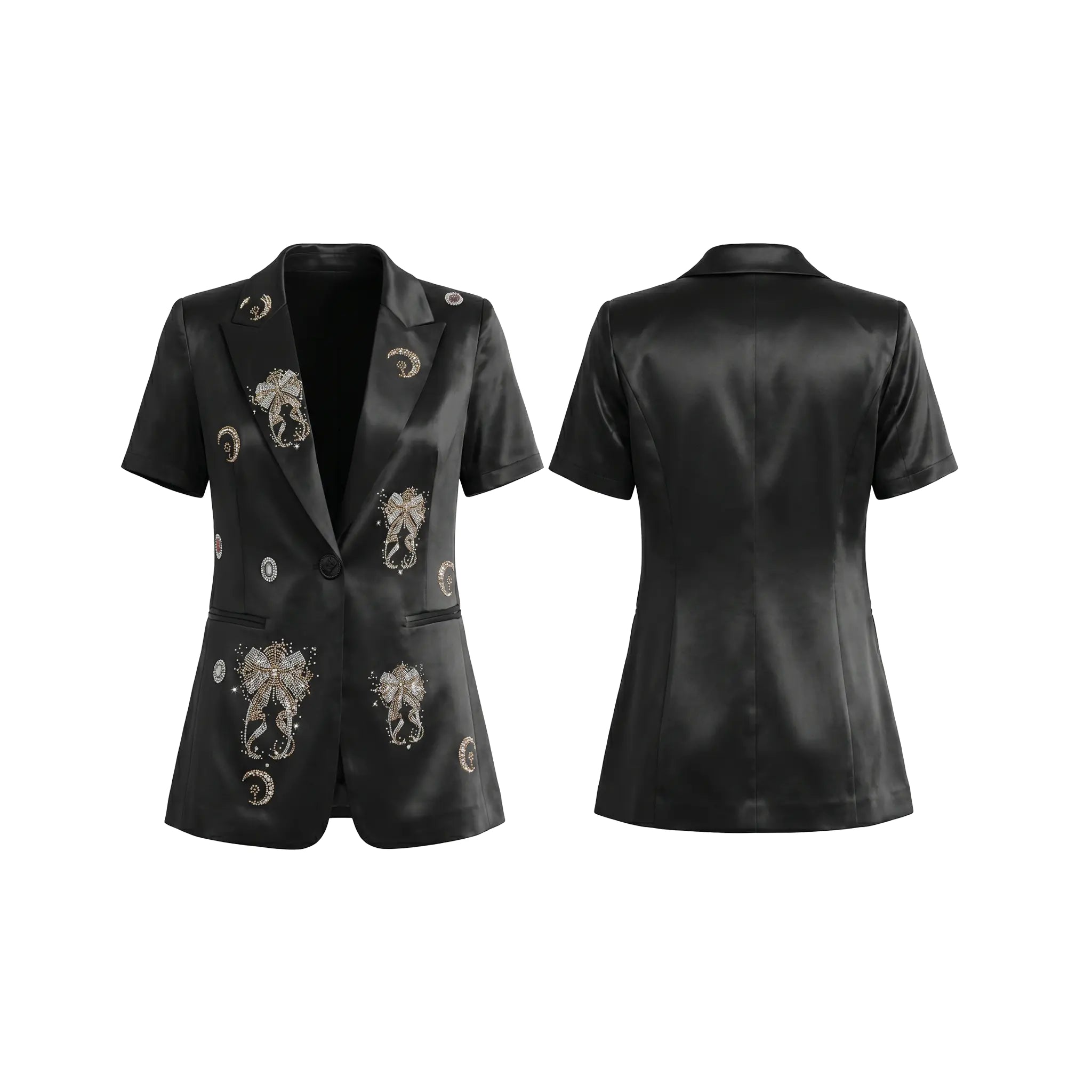 Black short-sleeve blazer jacket with metallic silver and gold embroidered lion and crescent moon motifs, shown in both front and back views on a white background. TCH Rhinestone Bow Satin Blazer