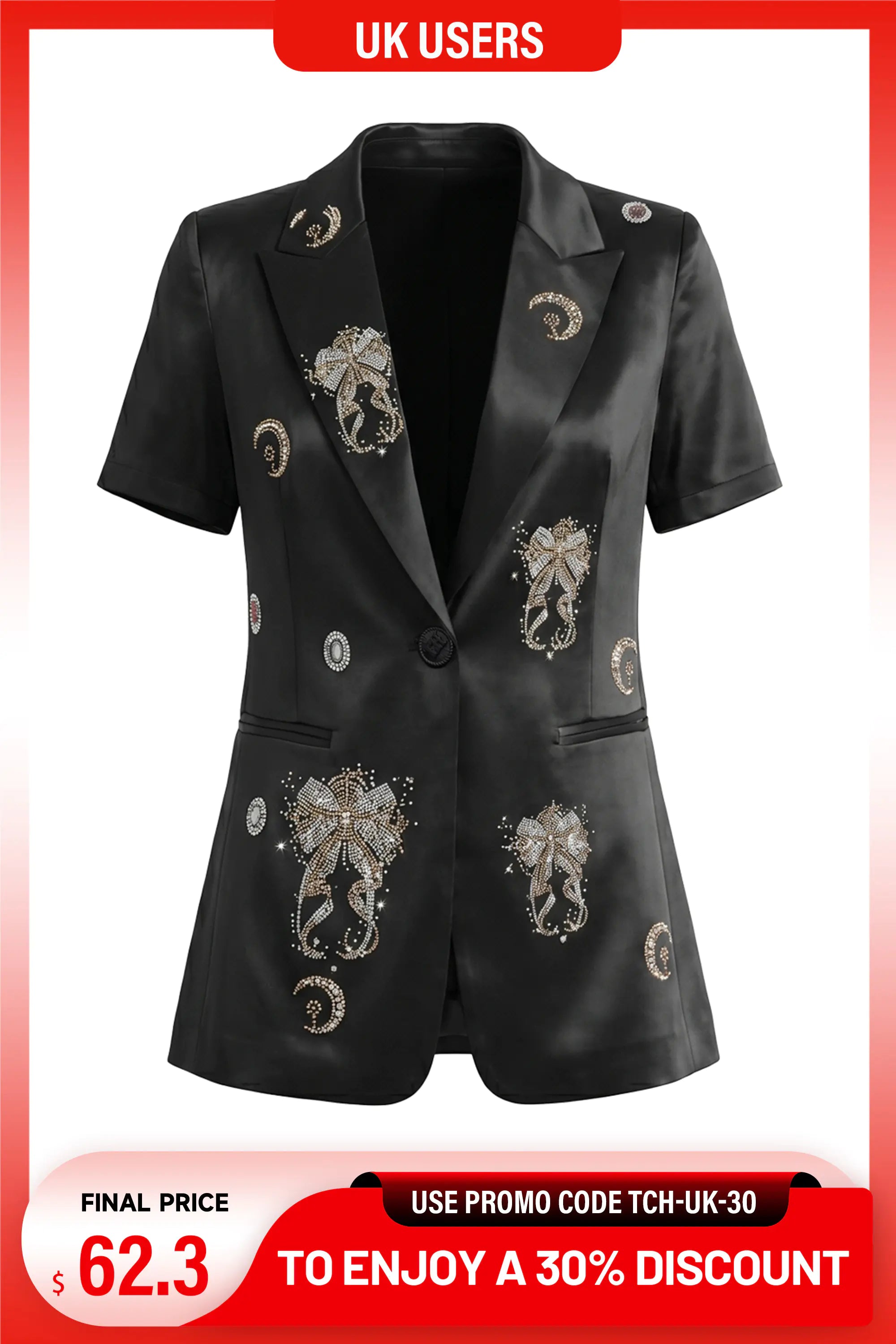 A black short-sleeve blazer-style jacket with satin-like sheen and ornate metallic embroidered motifs, shown on a white background with promotional text banners at the top and bottom. TCH Rhinestone Bow Satin Blazer