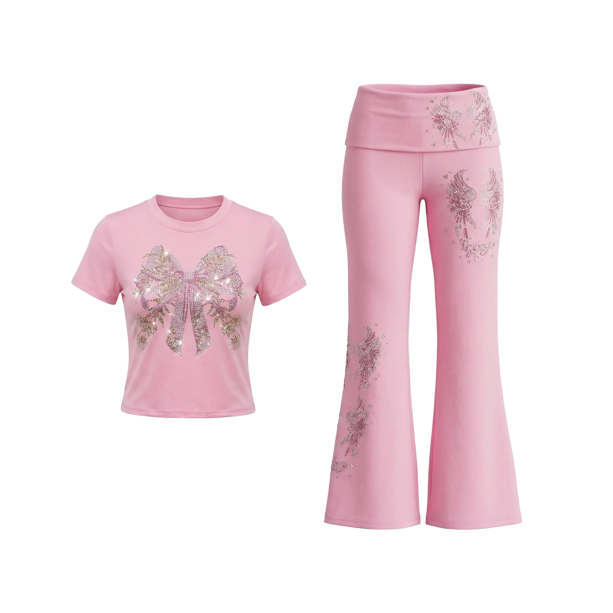 Pink t-shirt and pink pants with decorative elements on a white background, TCH Rhinestone Bow & Wing Set