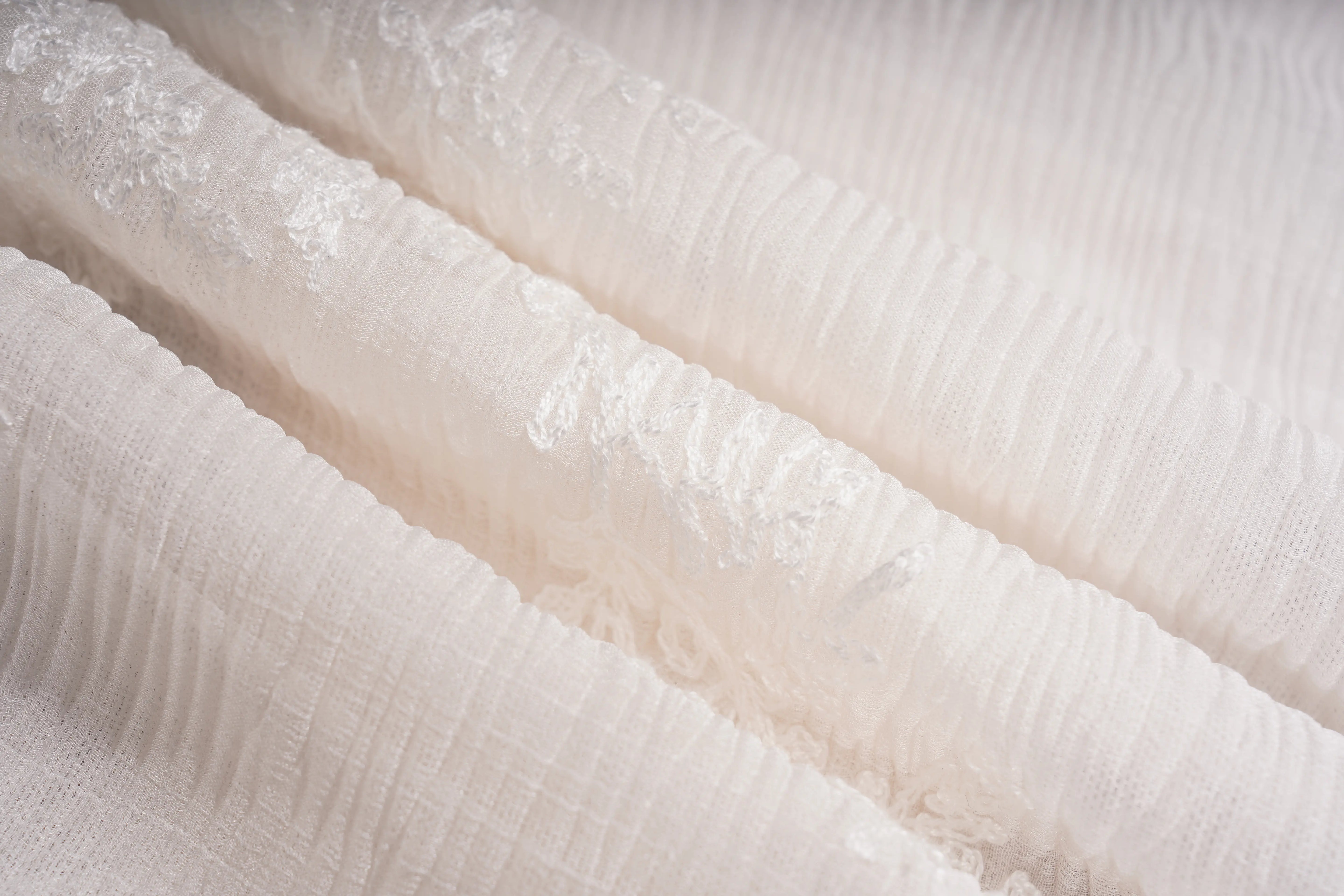 Close-up of draped white fabric with a textured crinkled weave and subtle embroidered lace detail. TCH Rhinestone Butterfly Bow Lace Blouse