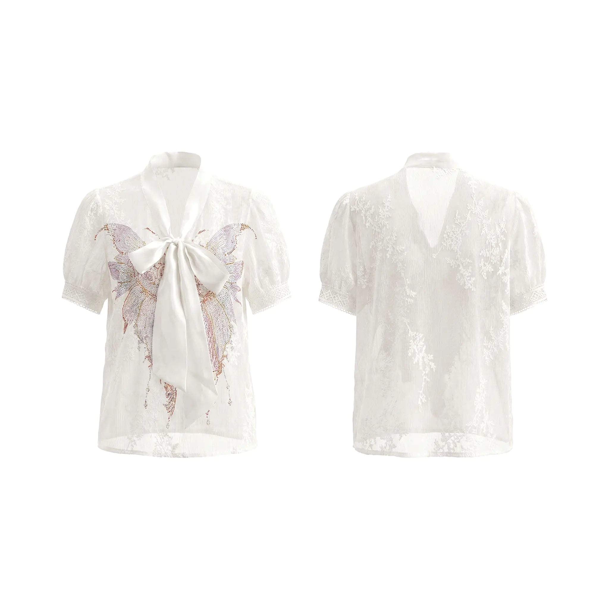 Two white short-sleeve blouse views on a plain white background: one with a large bow and butterfly embellishment on the front, and one showing the lace V-neck interior. TCH Rhinestone Butterfly Bow Lace Blouse