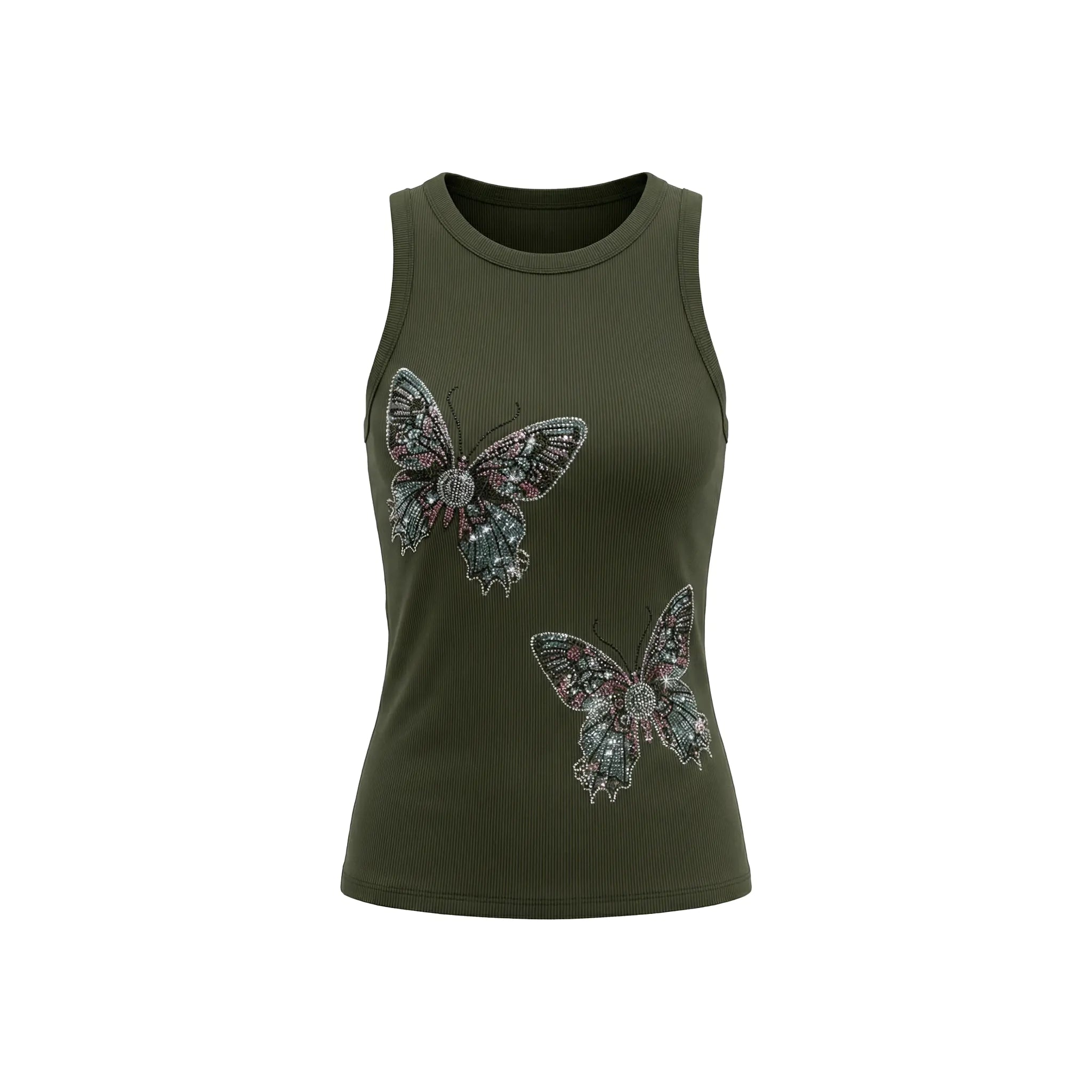 Green tank top with butterfly designs on a white background, TCH Rhinestone Butterfly Bow Tank Top