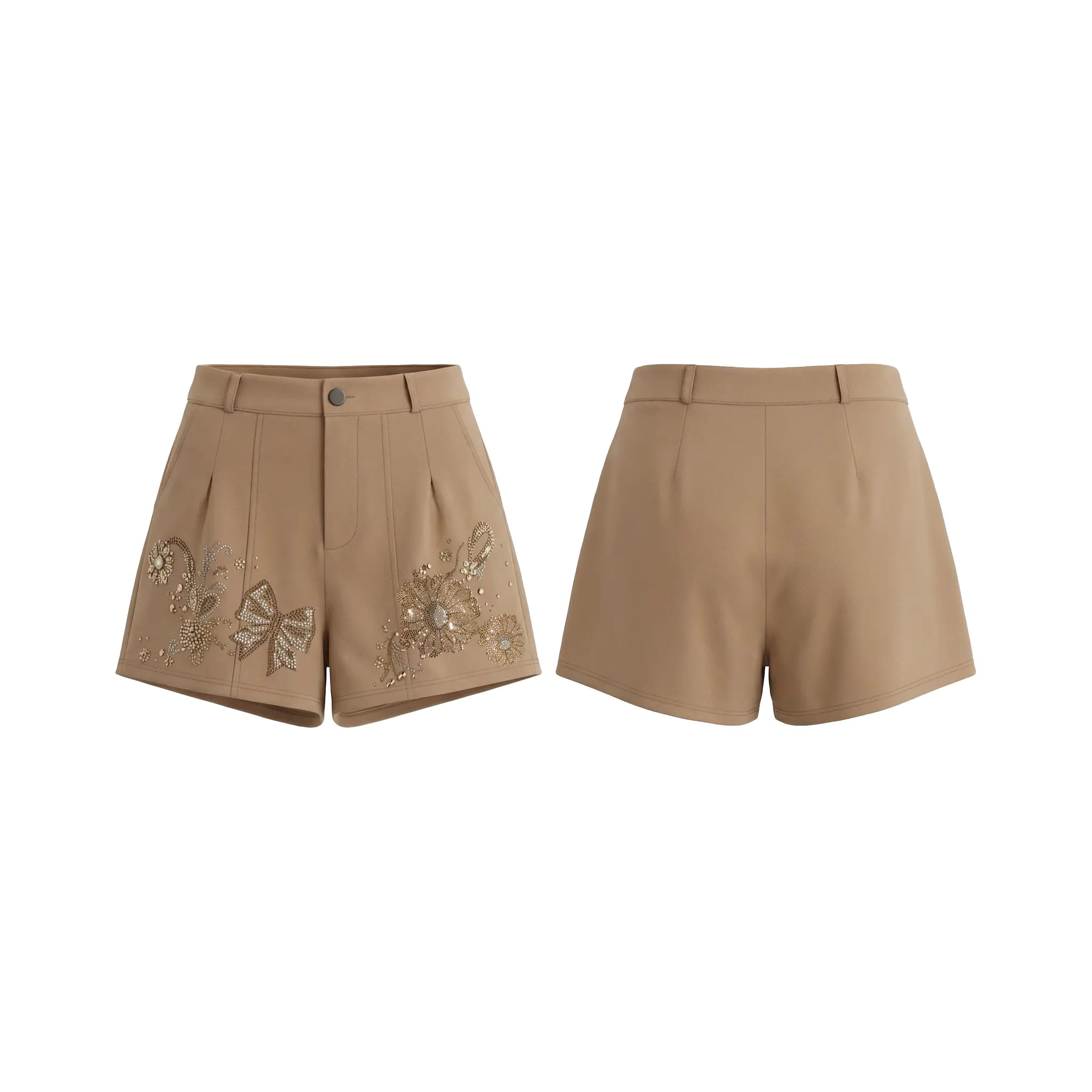A pair of beige tailored shorts shown from the front and back on a plain white background. The front view shows decorative metallic embroidered floral and butterfly motifs on the lower left sides, while the back view shows matching embroidery on the right side. TCH Rhinestone Butterfly Floral Embellished Tailored Shorts