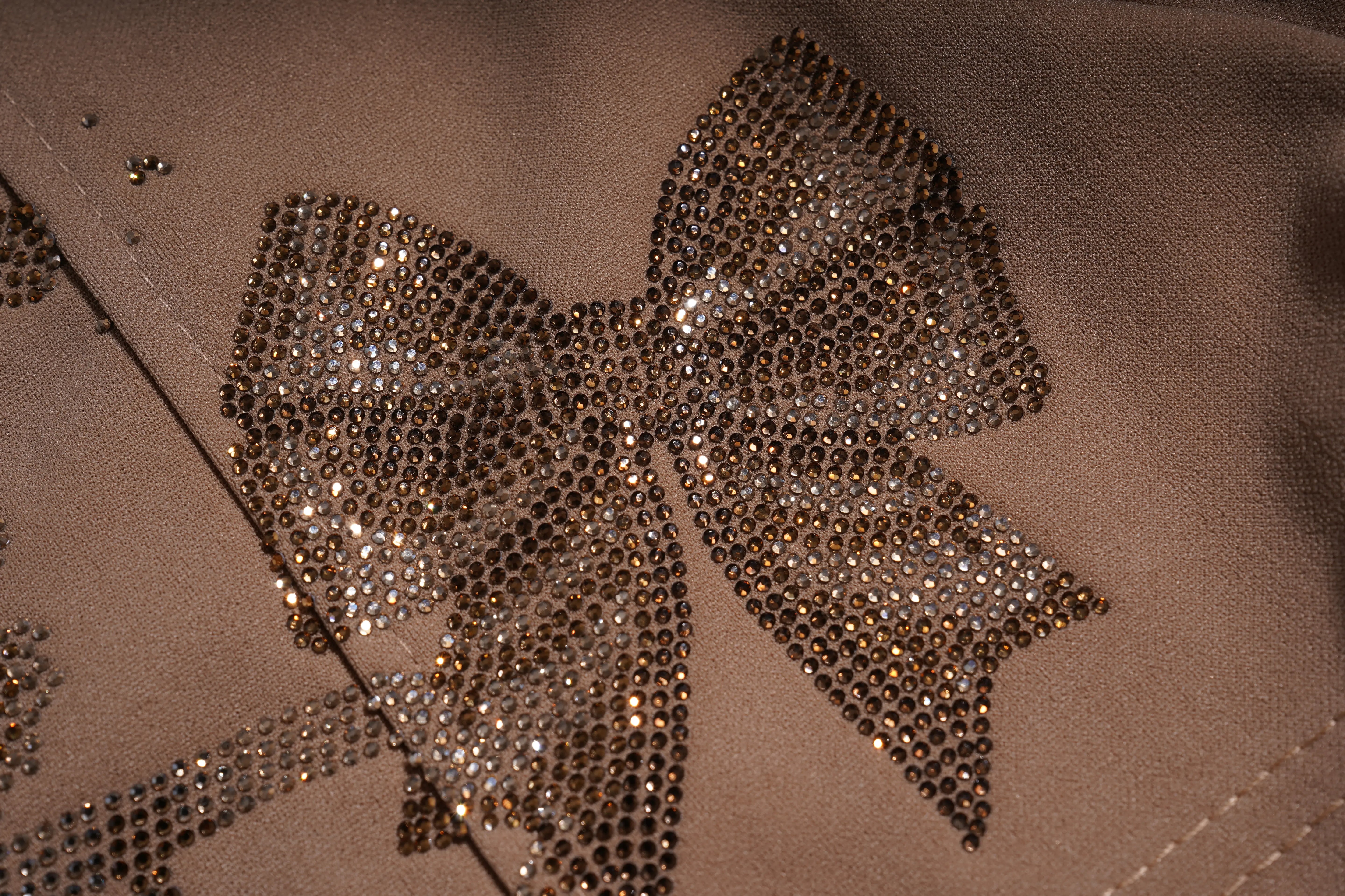 A close-up of a brown suede or leather surface featuring a large sequined bow embellishment in metallic bronze and gold tones. TCH Rhinestone Butterfly Floral Embellished Tailored Shorts