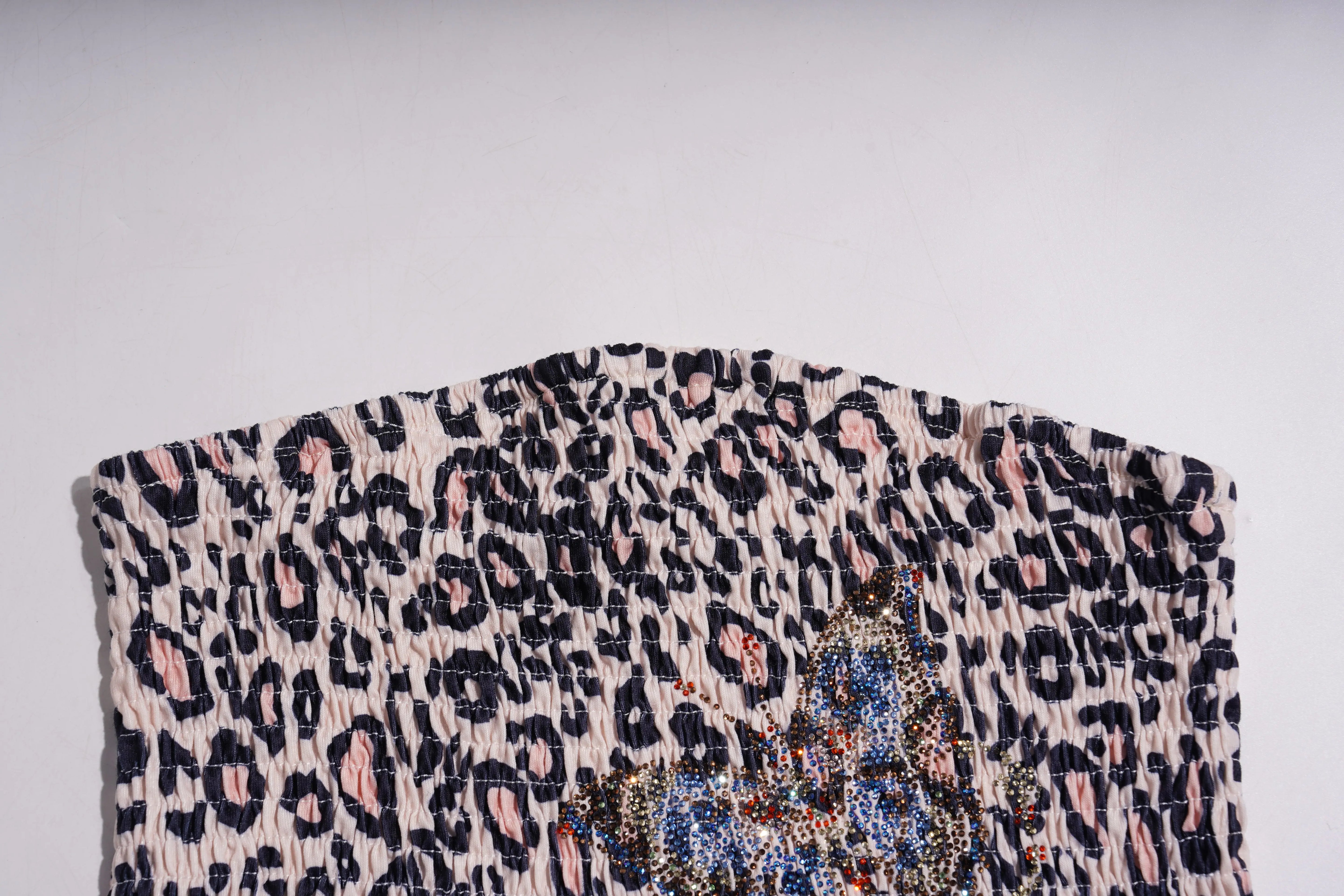 Leopard print fabric with floral embroidery on a white background, TCH Rhinestone Butterfly & Floral Leopard Tube Top